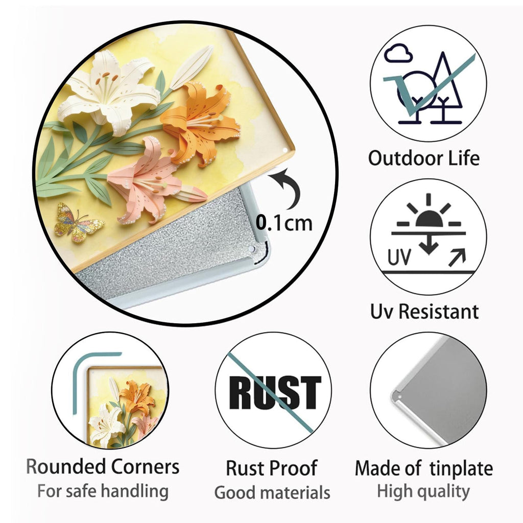 Lily Flower Metal Tin Sign, Floral Wall Decor with Butterfly, Spring Garden Home Decor, Nature Flower Wall Art