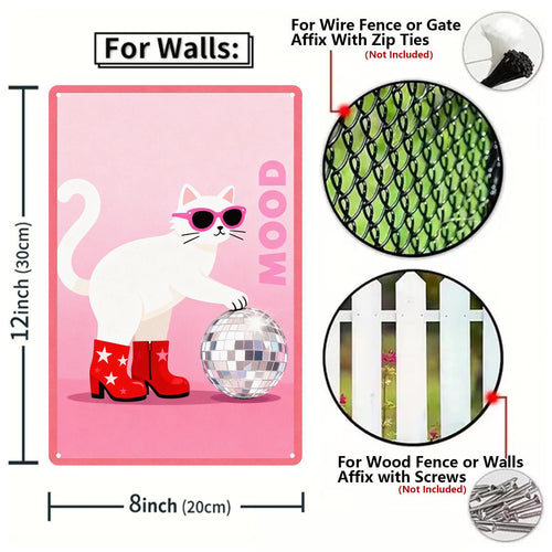 Cool Cat Metal Tin Sign Pink Disco Cat Wall Decor Funny Pet Art Retro Animal Sign Gift for Cat Lovers
