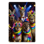 Lustiges Tierparty-Blechschild Bunte Disco-Tiere Wanddekoration Skurrile Haustierkunst Retr…