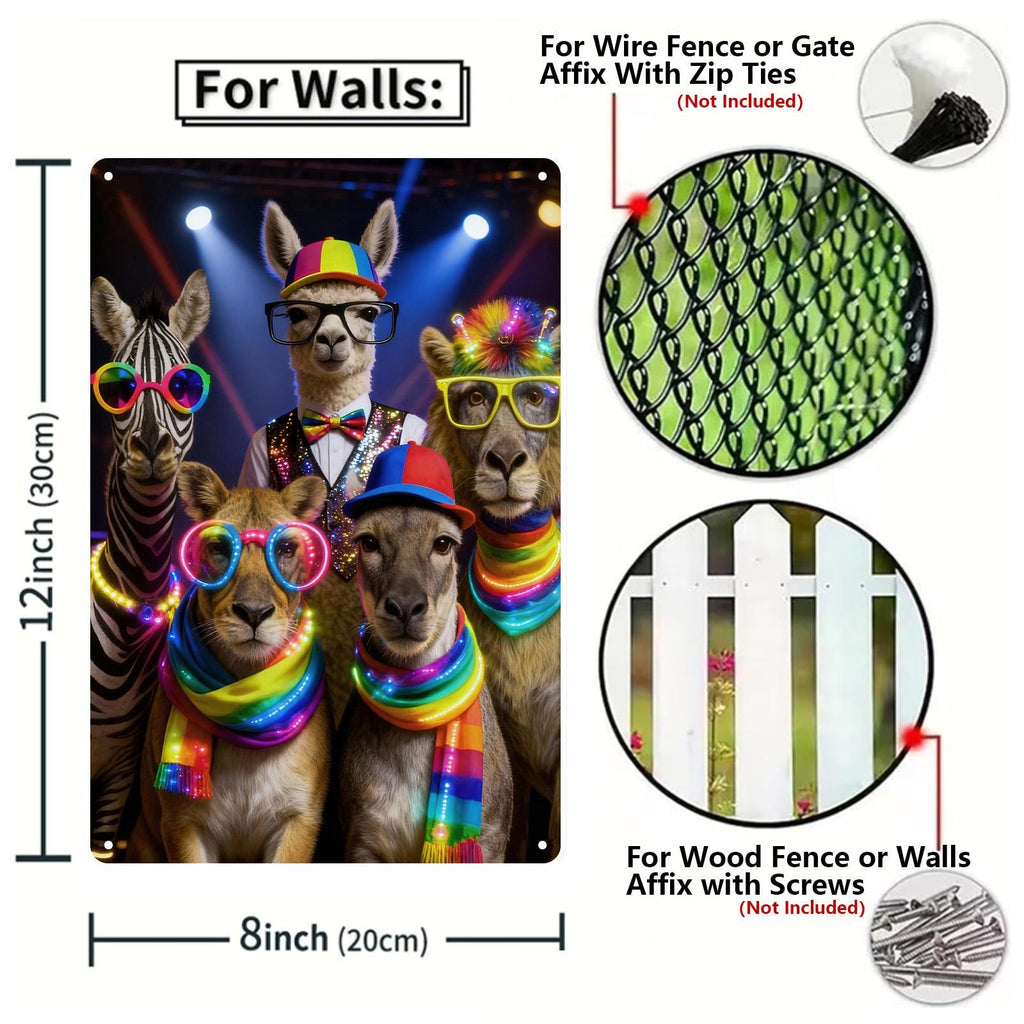 Lustiges Tierparty-Blechschild Bunte Disco-Tiere Wanddekoration Skurrile Haustierkunst Retr…