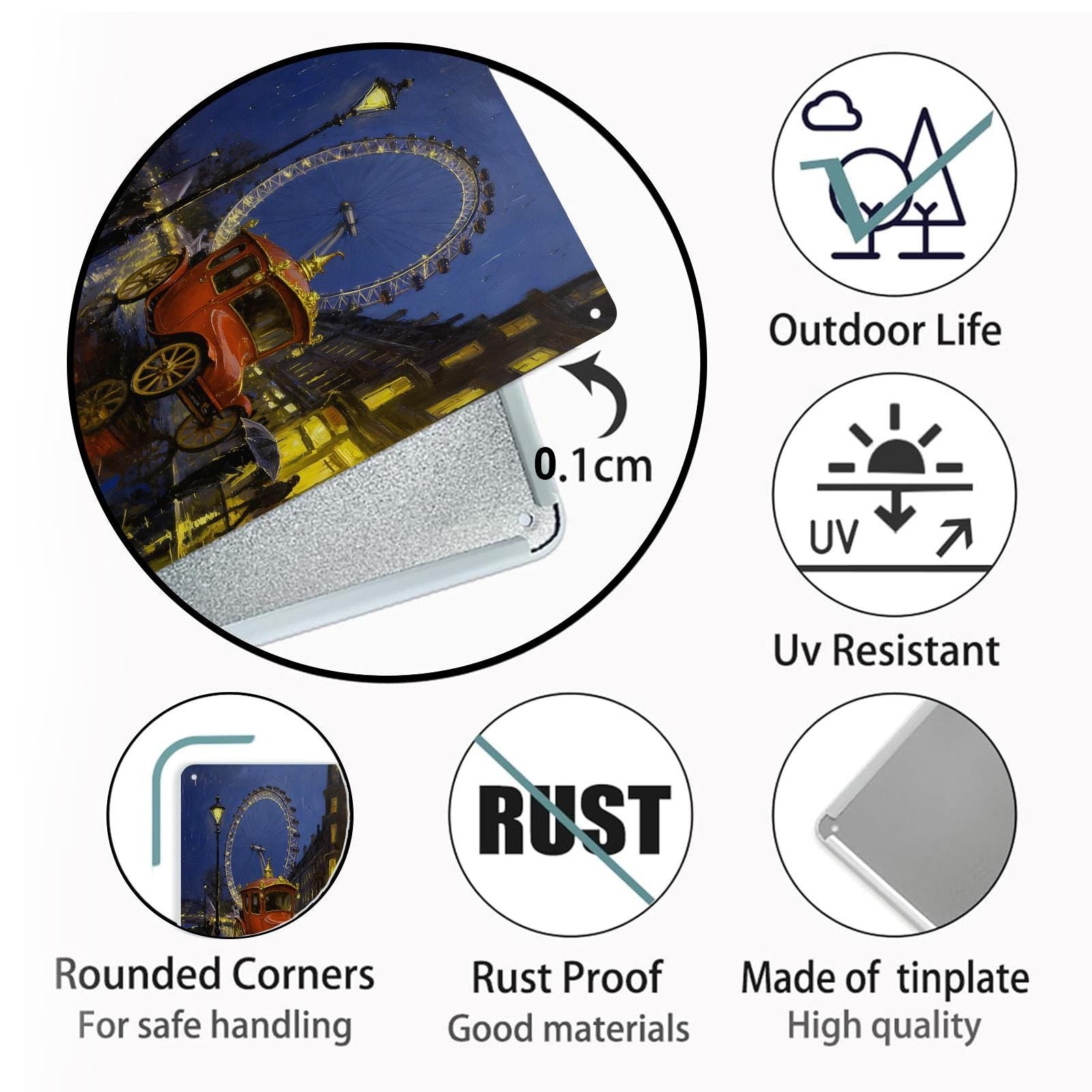 London Eye Rainy Night Metal Tin Sign, Vintage Car Street Scene Wall Decor, UK Travel Cityscape Art for Home Bar Cafe