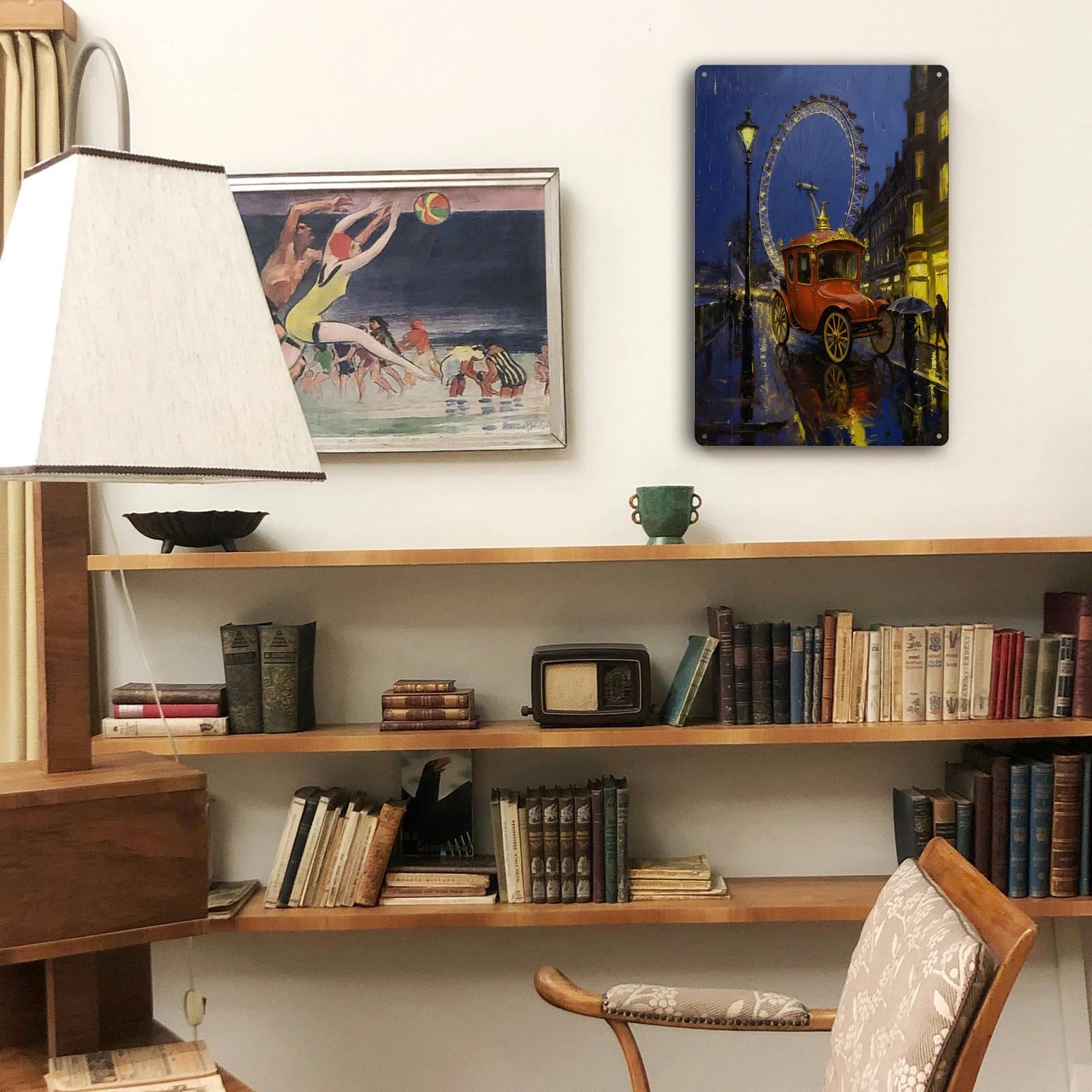 London Eye Rainy Night Metal Tin Sign, Vintage Car Street Scene Wall Decor, UK Travel Cityscape Art for Home Bar Cafe