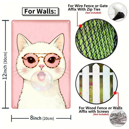 Cute Cat Metal Tin Sign, Pink Wall Decor, Cat With Glasses Bubble Gum Art, Kawaii Kitty Poster for Bedroom Nursery Gift