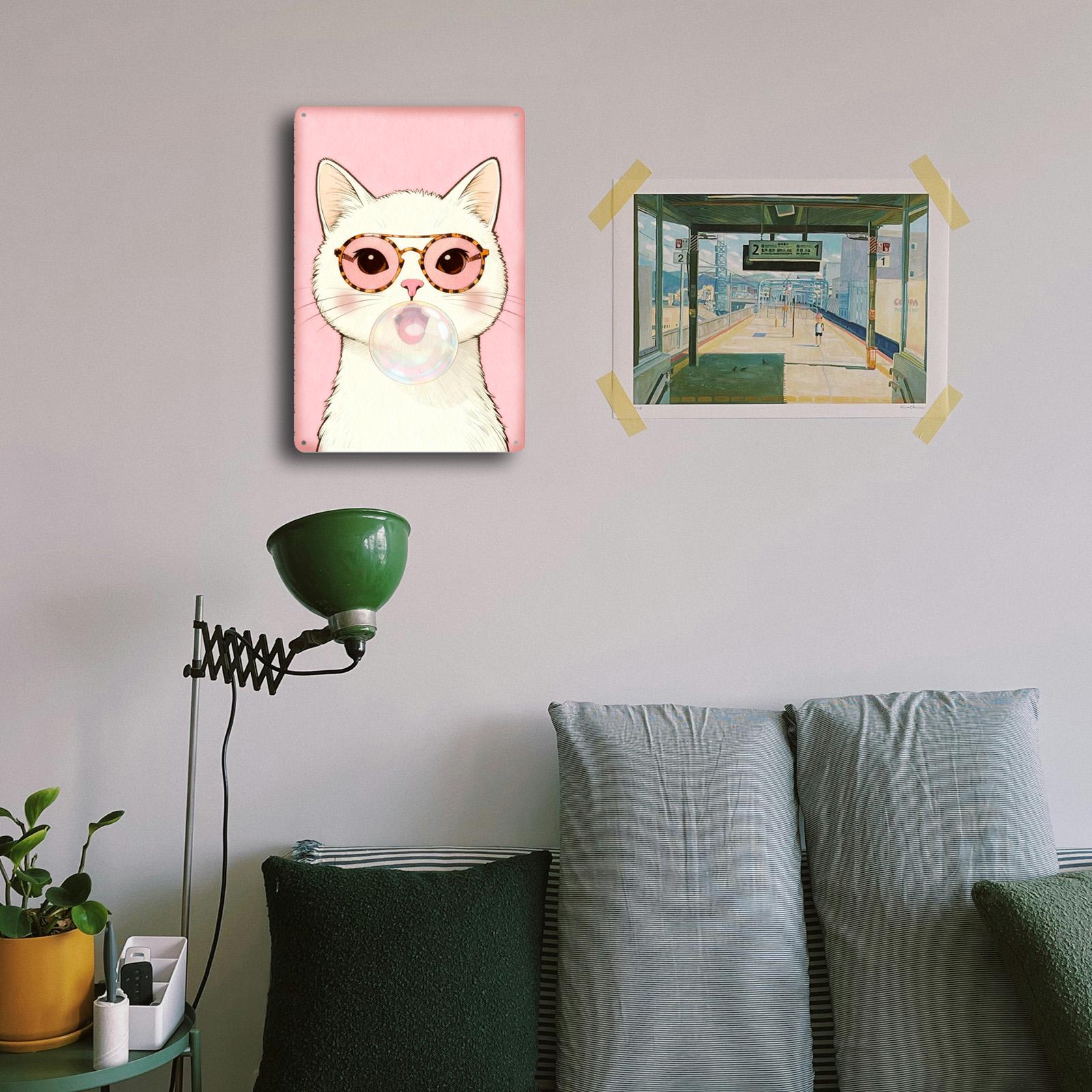 Cute Cat Metal Tin Sign, Pink Wall Decor, Cat With Glasses Bubble Gum Art, Kawaii Kitty Poster for Bedroom Nursery Gift