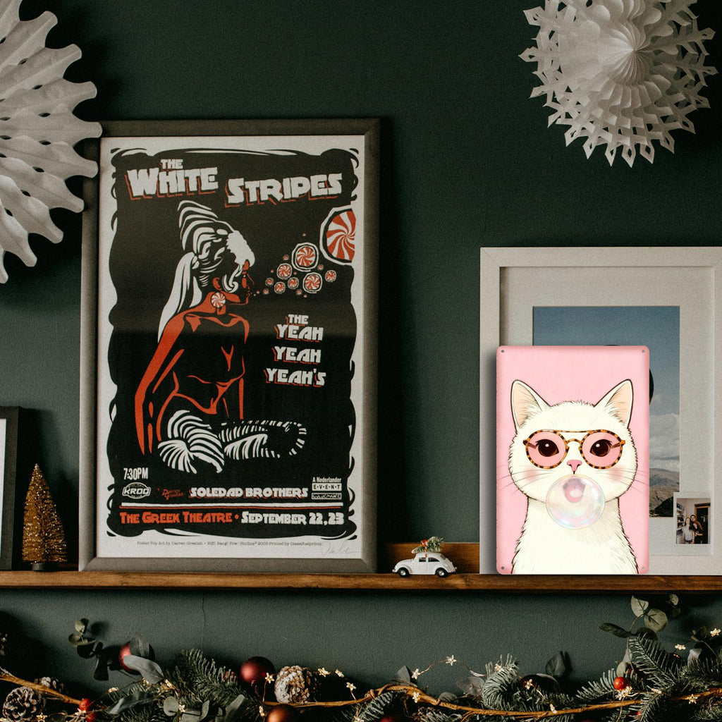 Cute Cat Metal Tin Sign, Pink Wall Decor, Cat With Glasses Bubble Gum Art, Kawaii Kitty Poster for Bedroom Nursery Gift
