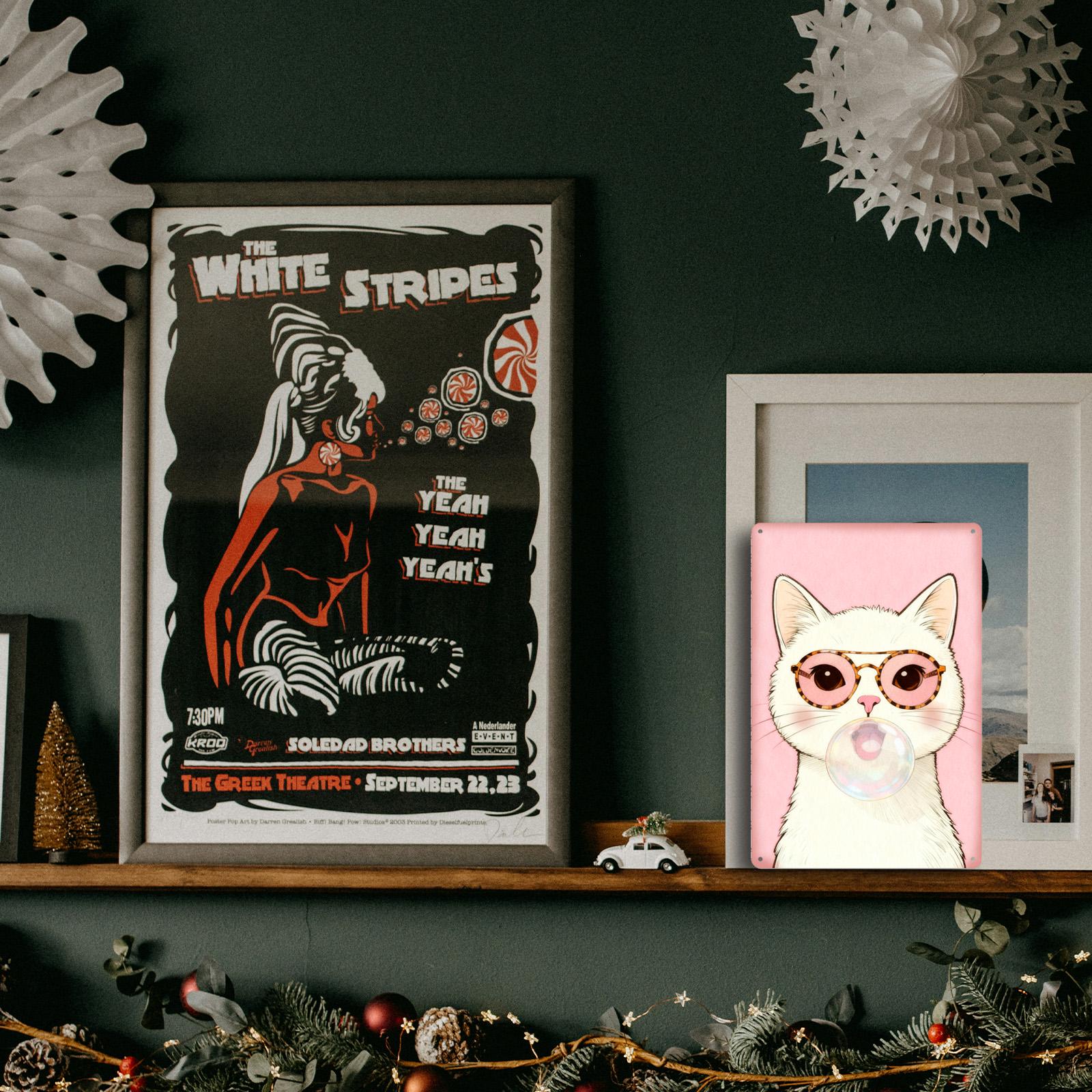 Cute Cat Metal Tin Sign, Pink Wall Decor, Cat With Glasses Bubble Gum Art, Kawaii Kitty Poster for Bedroom Nursery Gift