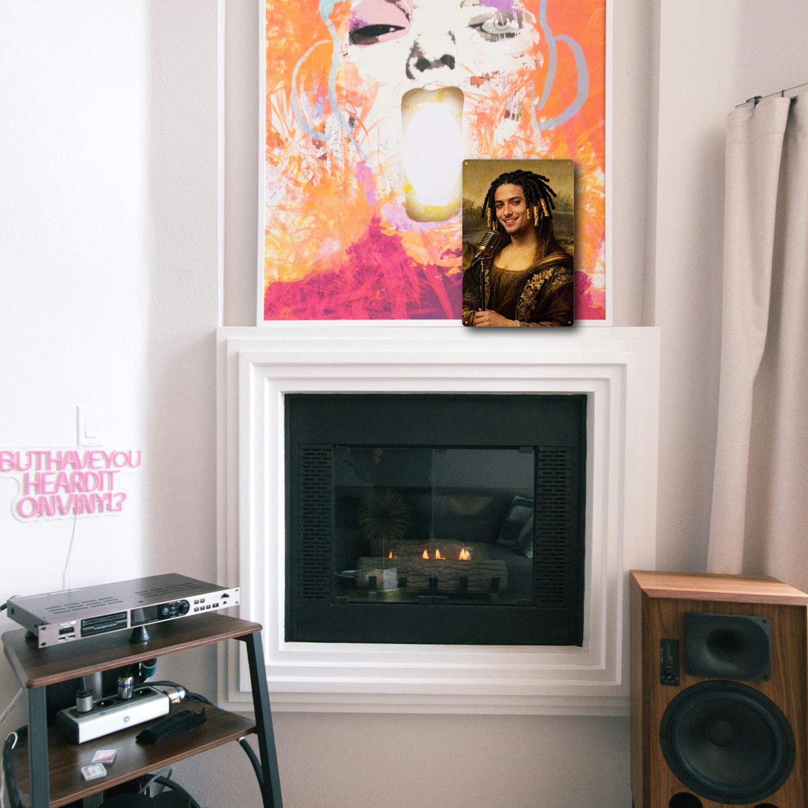 Funny Mona Lisa Singer Metal Tin Sign, Vintage Microphone Wall Decor, Music Studio Bar Pub Wall Art, Renaissance Parody Poster