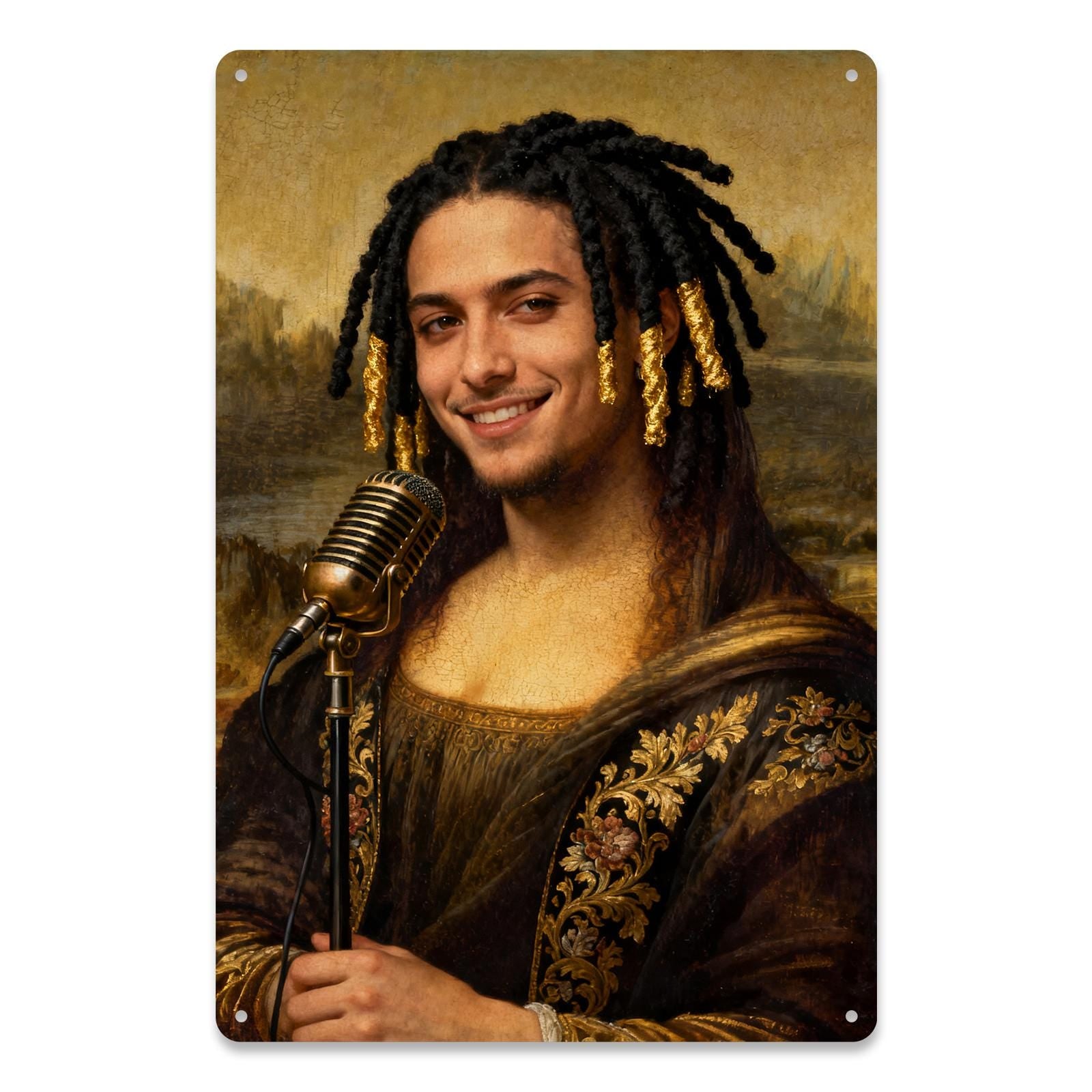 Funny Mona Lisa Singer Metal Tin Sign, Vintage Microphone Wall Decor, Music Studio Bar Pub Wall Art, Renaissance Parody Poster
