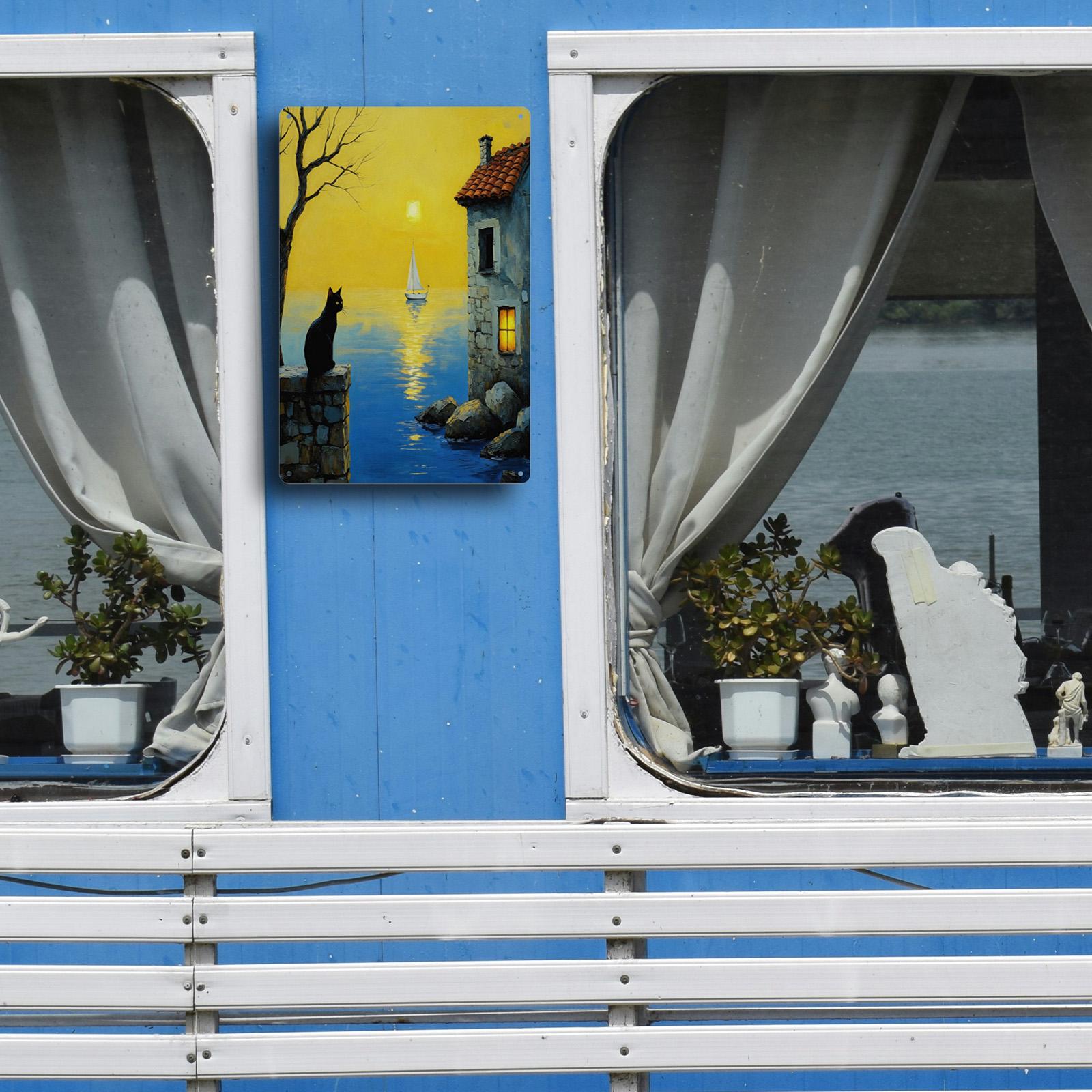 Black Cat Seaside Sunset Metal Tin Sign, Coastal Cottage Wall Decor, Sailboat Ocean Scene Art, Nautical Gift for Cat Lovers