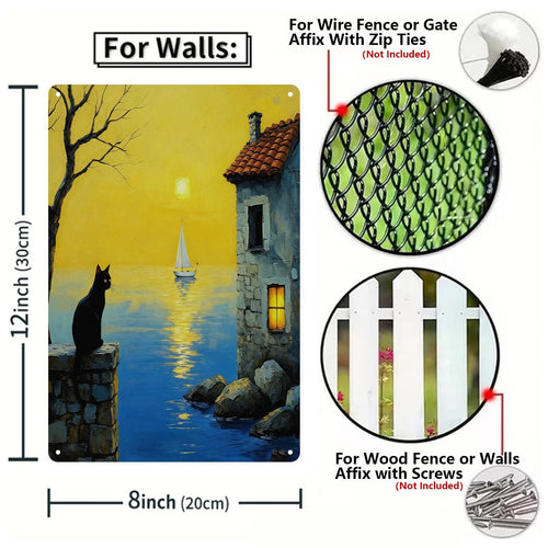 Black Cat Seaside Sunset Metal Tin Sign, Coastal Cottage Wall Decor, Sailboat Ocean Scene Art, Nautical Gift for Cat Lovers