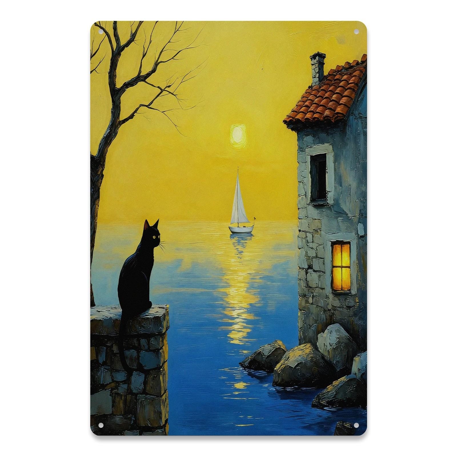Black Cat Seaside Sunset Metal Tin Sign, Coastal Cottage Wall Decor, Sailboat Ocean Scene Art, Nautical Gift for Cat Lovers