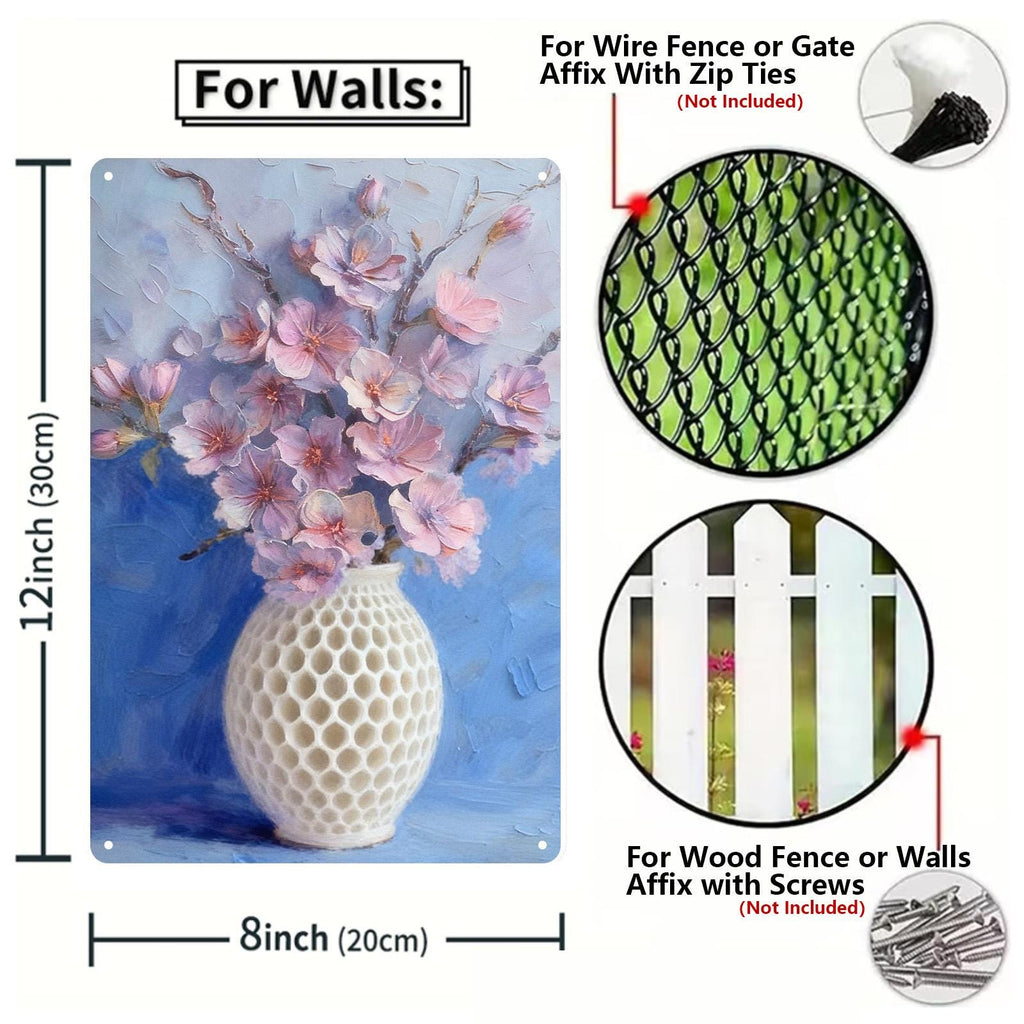 Kirschblüten-Vase Metallschild, Florales Stillleben Wanddeko, Rosa Sakura Blumen A…