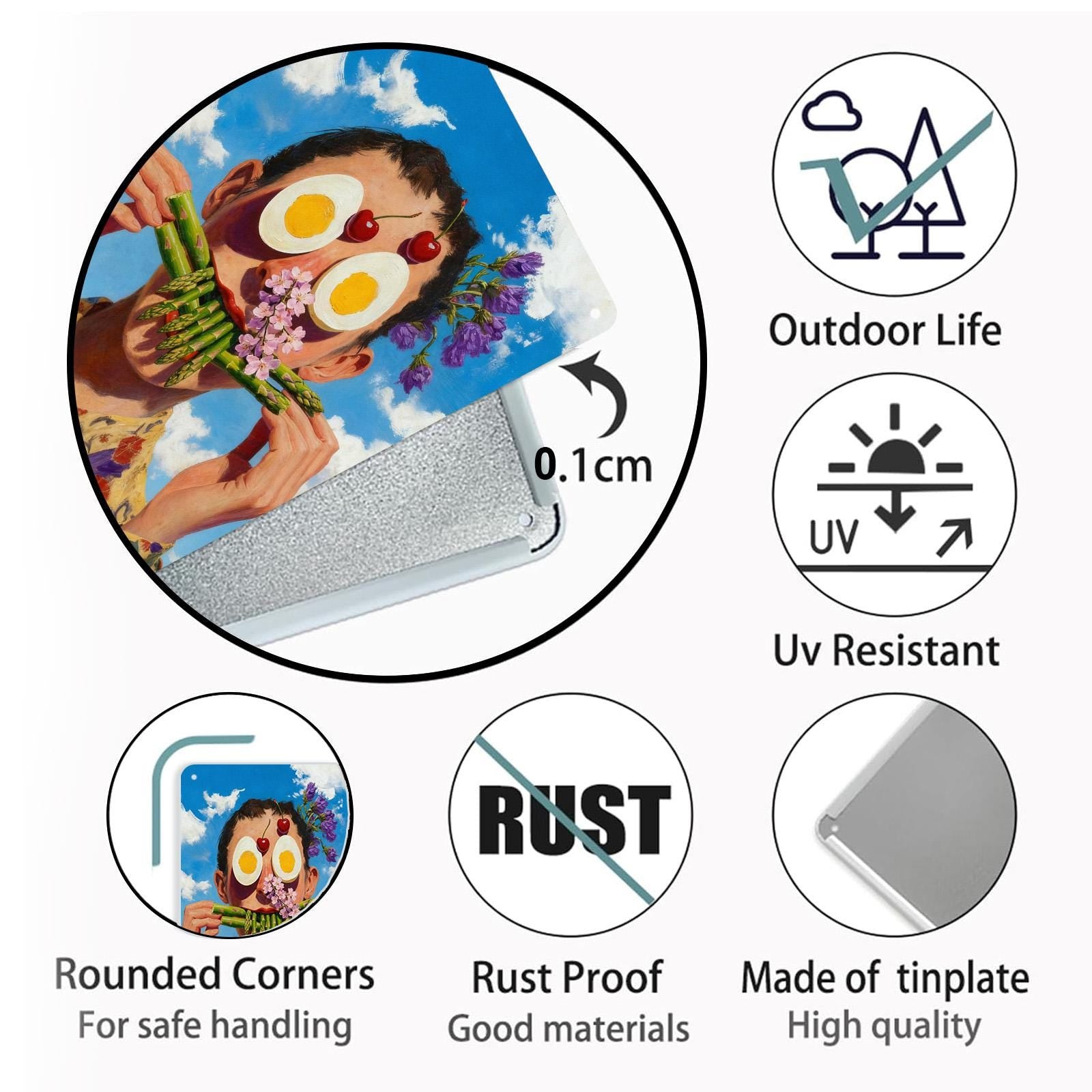 Surreal Funny Face Metal Tin Sign, Asparagus Mouth Egg Eyes Art, Weird Food Portrait Wall Decor, Kitchen Bar Cafe Humor Poster