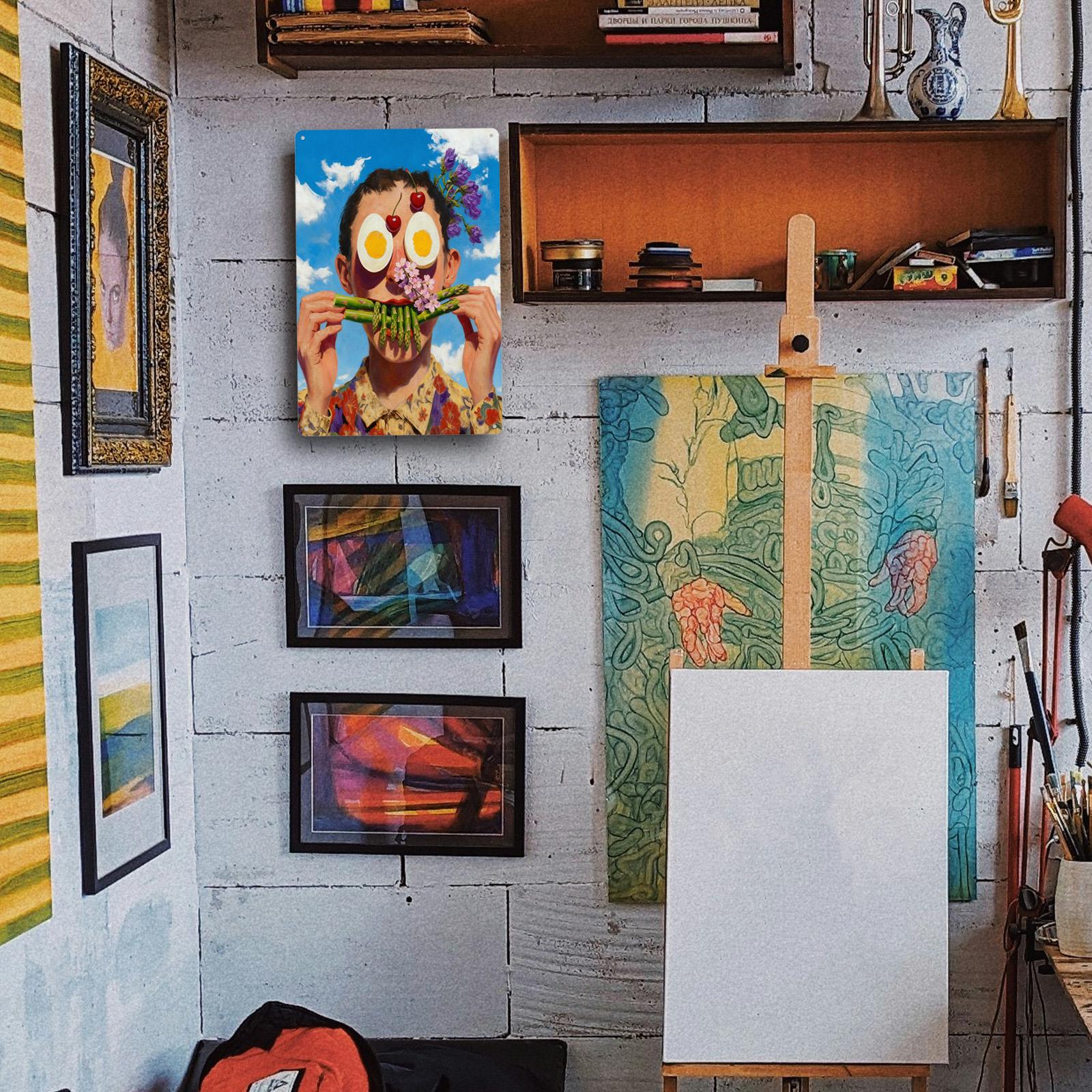 Surreal Funny Face Metal Tin Sign, Asparagus Mouth Egg Eyes Art, Weird Food Portrait Wall Decor, Kitchen Bar Cafe Humor Poster