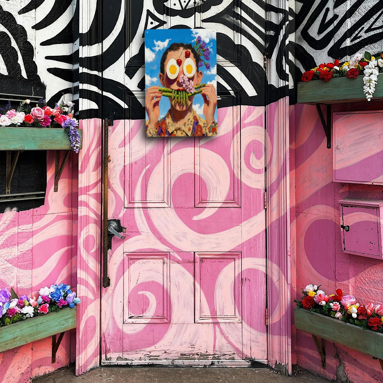 Surreal Funny Face Metal Tin Sign, Asparagus Mouth Egg Eyes Art, Weird Food Portrait Wall Decor, Kitchen Bar Cafe Humor Poster