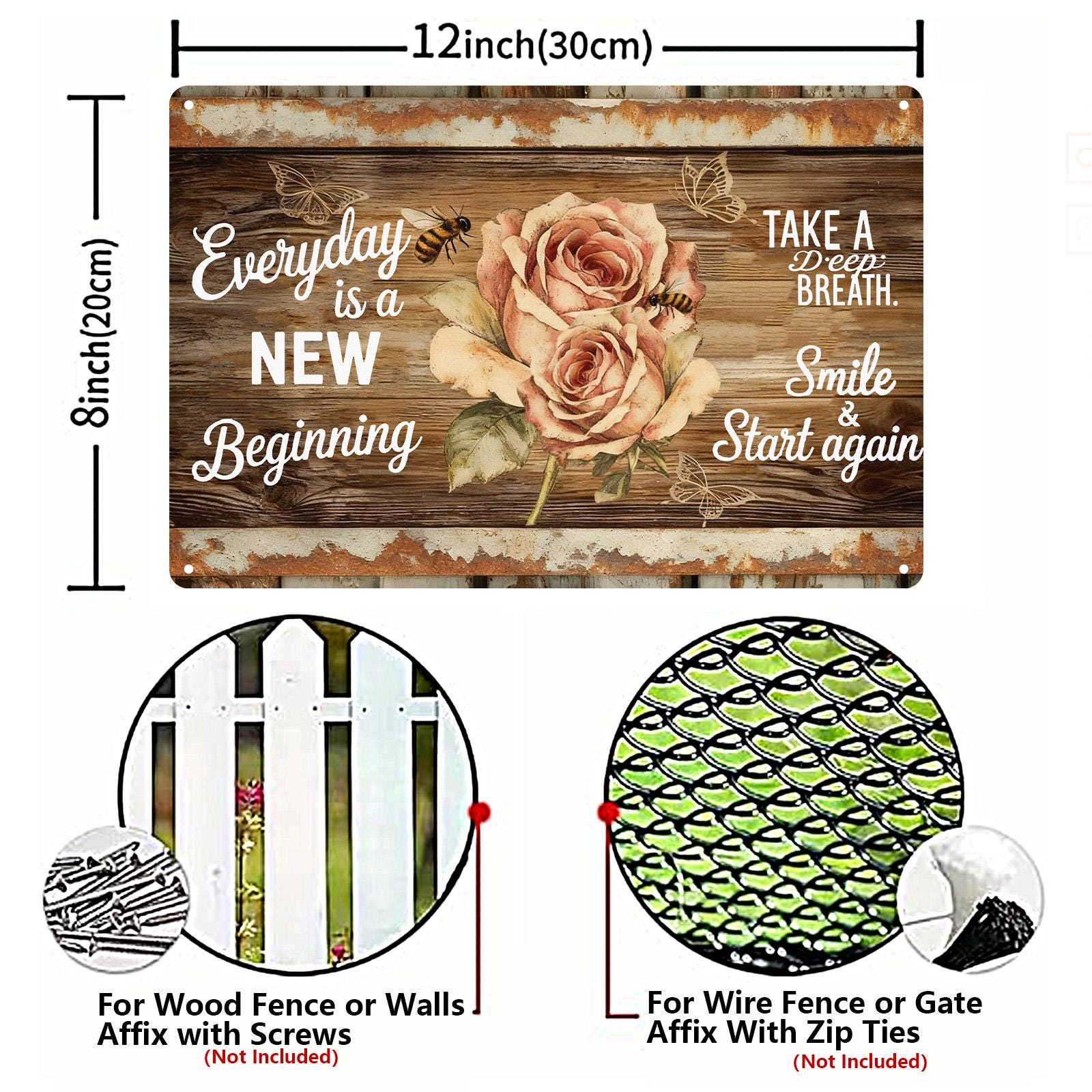 Everyday Is A New Beginning Metal Tin Sign, Inspirational Quote Wall Decor, Rustic Wood Rose & Bee, Farmhouse Bathroom Kitchen