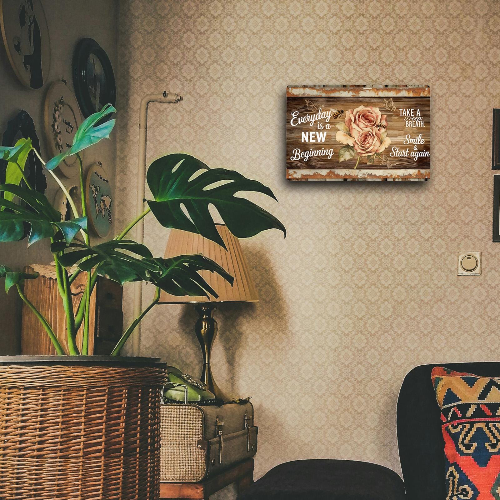 Everyday Is A New Beginning Metal Tin Sign, Inspirational Quote Wall Decor, Rustic Wood Rose & Bee, Farmhouse Bathroom Kitchen