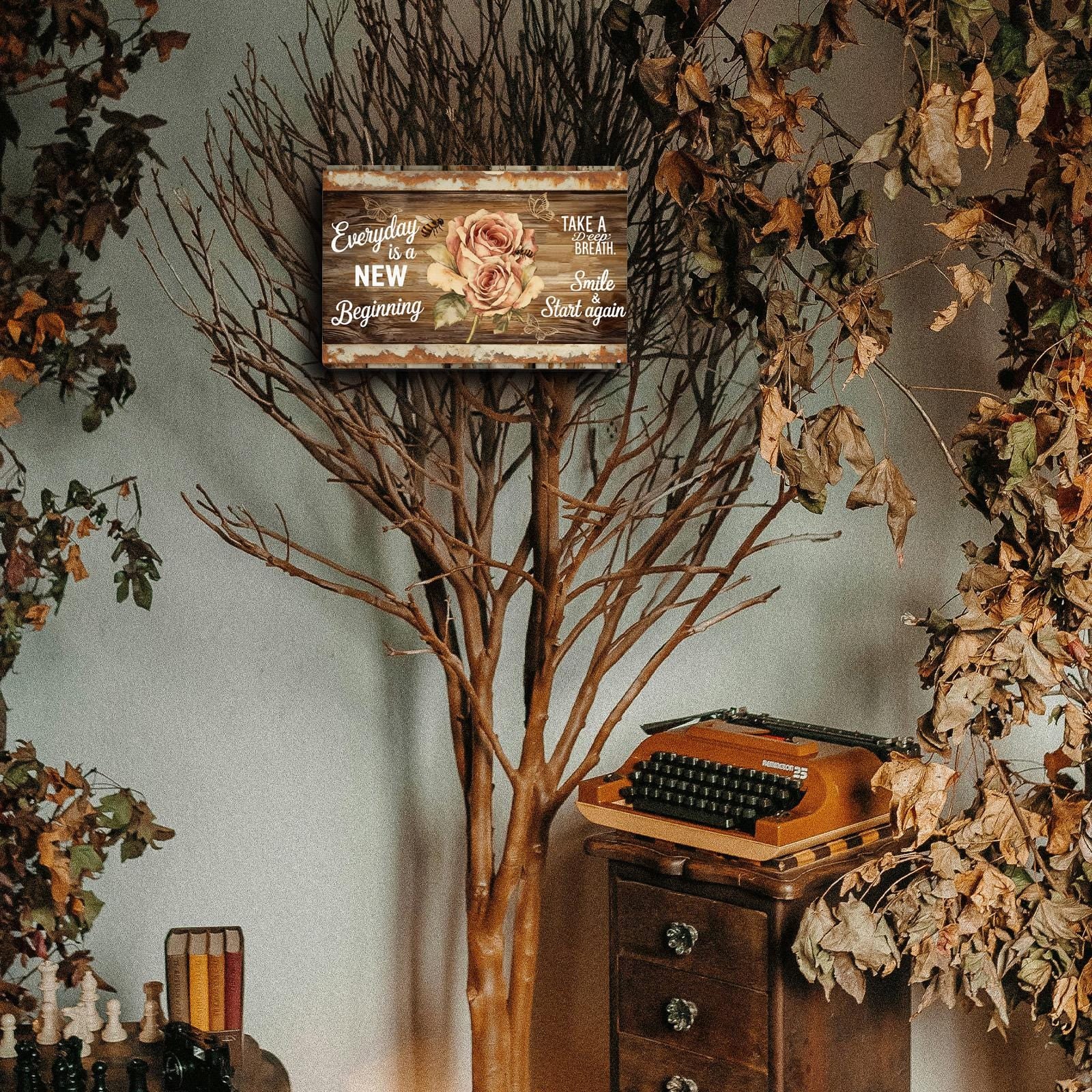 Everyday Is A New Beginning Metal Tin Sign, Inspirational Quote Wall Decor, Rustic Wood Rose & Bee, Farmhouse Bathroom Kitchen