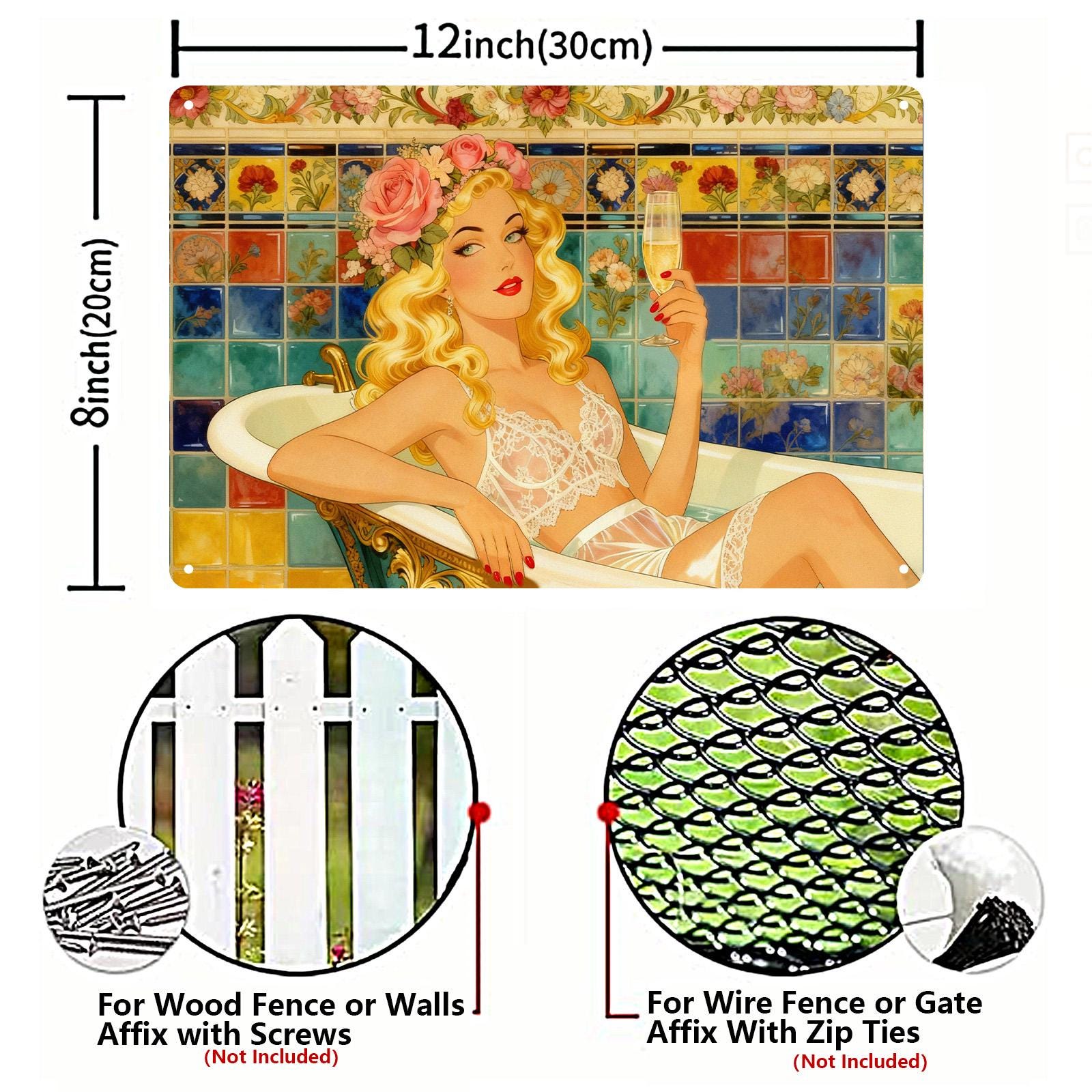 Vintage Pin Up Bath Metal Tin Sign, Sexy Retro Girl Wall Decor, Champagne Bathroom Art, Boudoir Bar Salon Funny Gift