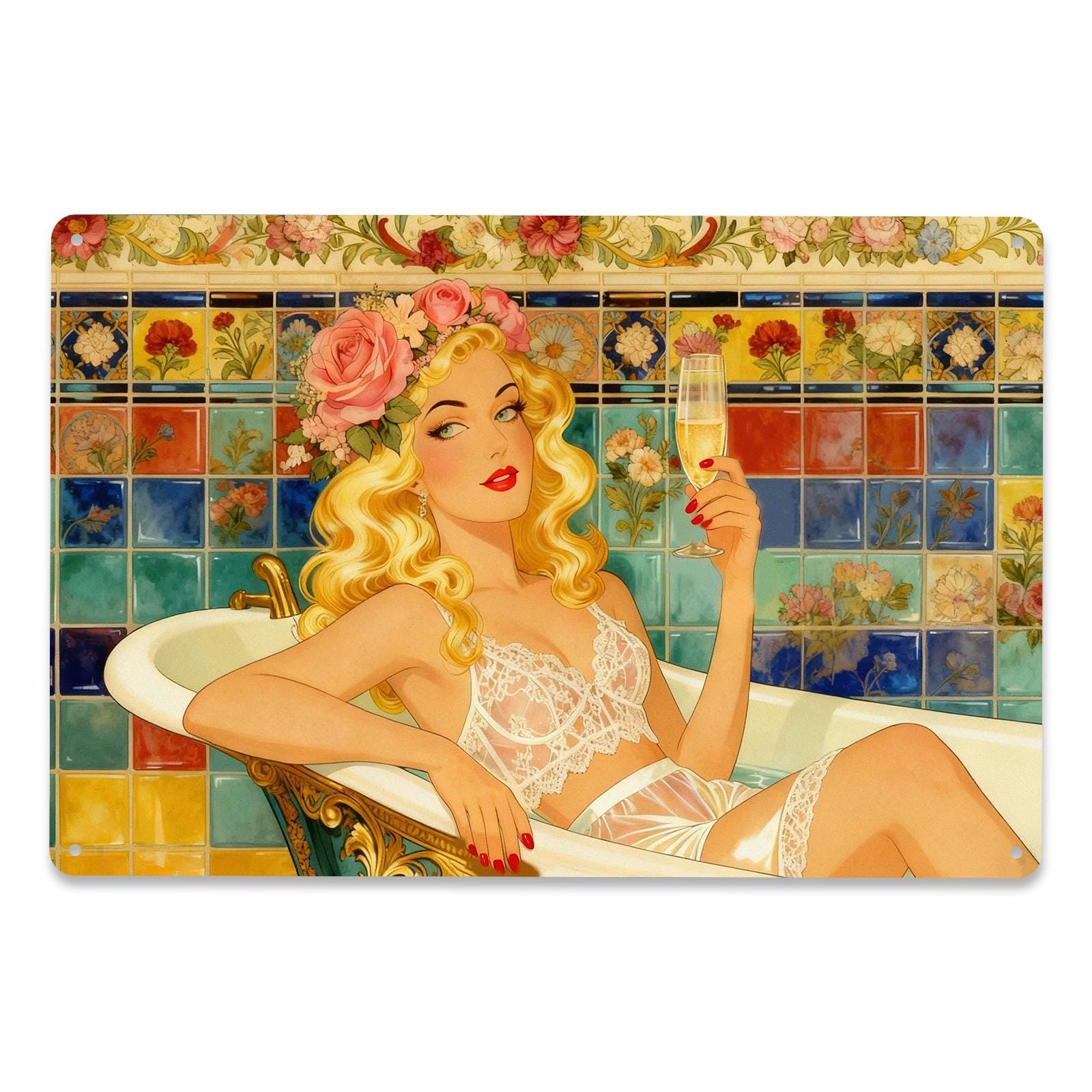 Vintage Pin Up Bath Metal Tin Sign, Sexy Retro Girl Wall Decor, Champagne Bathroom Art, Boudoir Bar Salon Funny Gift