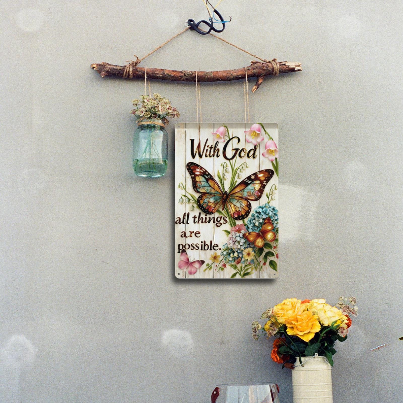 Avec Dieu tout est possible Plaque en étain, décoration murale florale papillon chrétien…