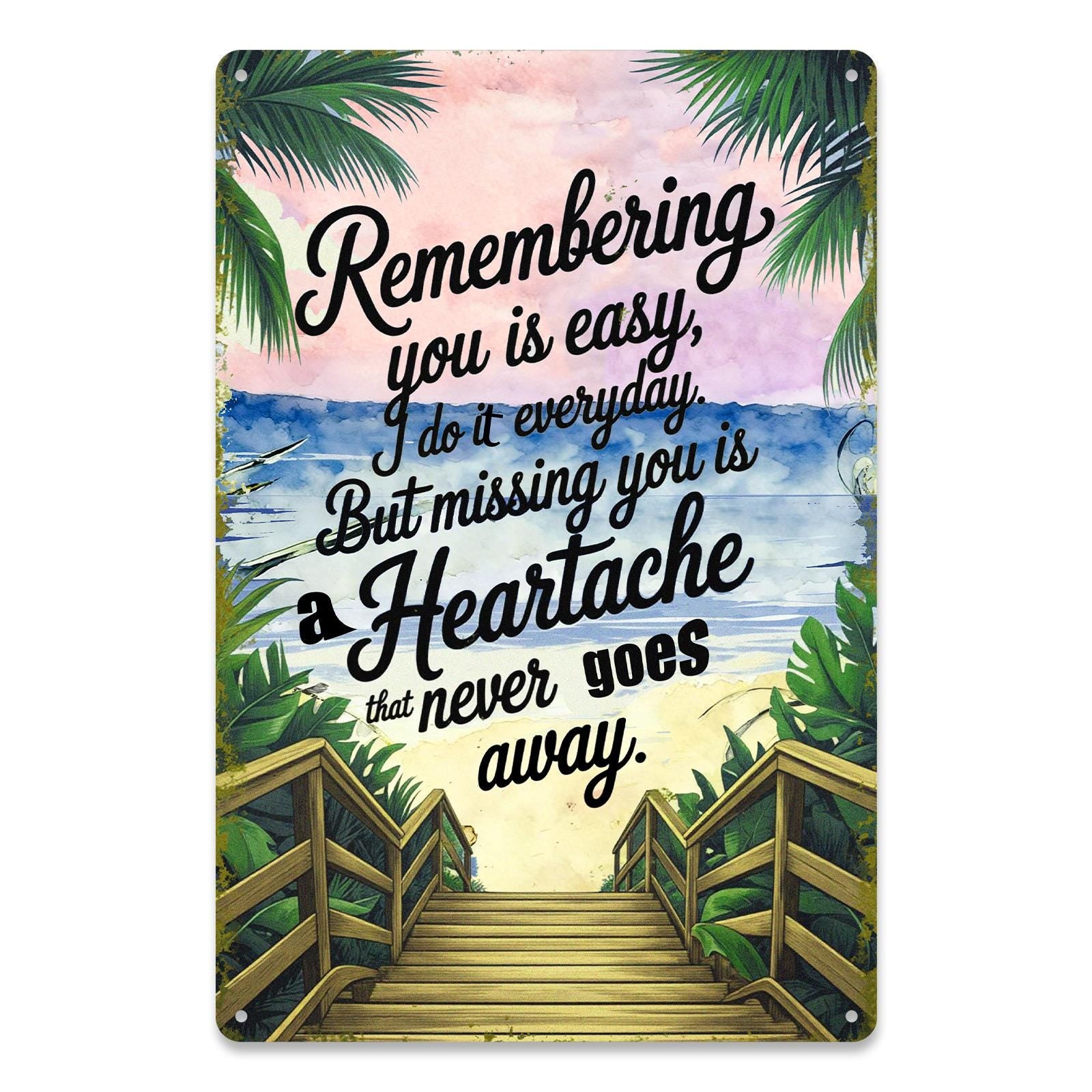 Remembering You Metal Tin Sign, Sympathy Memorial Quote Wall Decor, Beach Tropical Scene, Bereavement Gift In Loving Memory