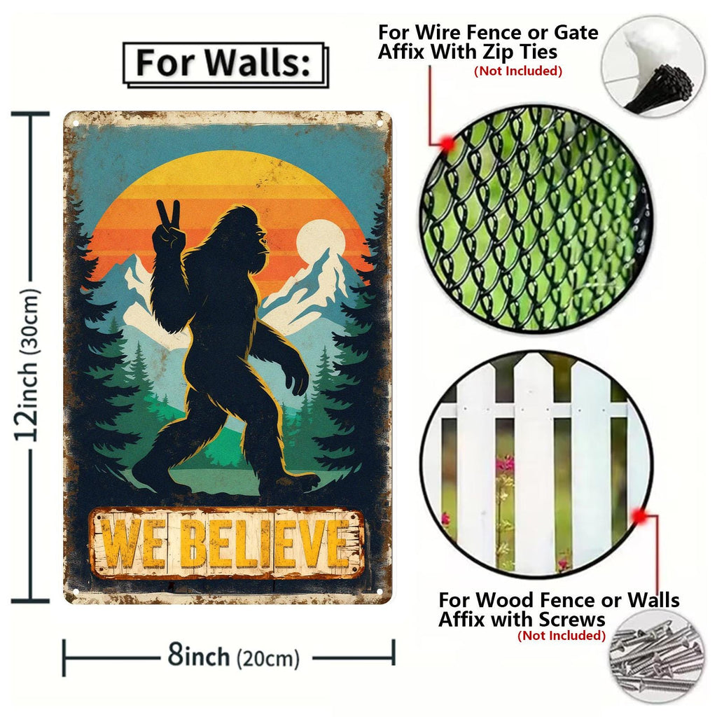 Bigfoot We Believe Metal Tin Sign, Funny Sasquatch Wall Decor, Retro Mountain Forest Sunset Art for Cabin Garage Man Cave