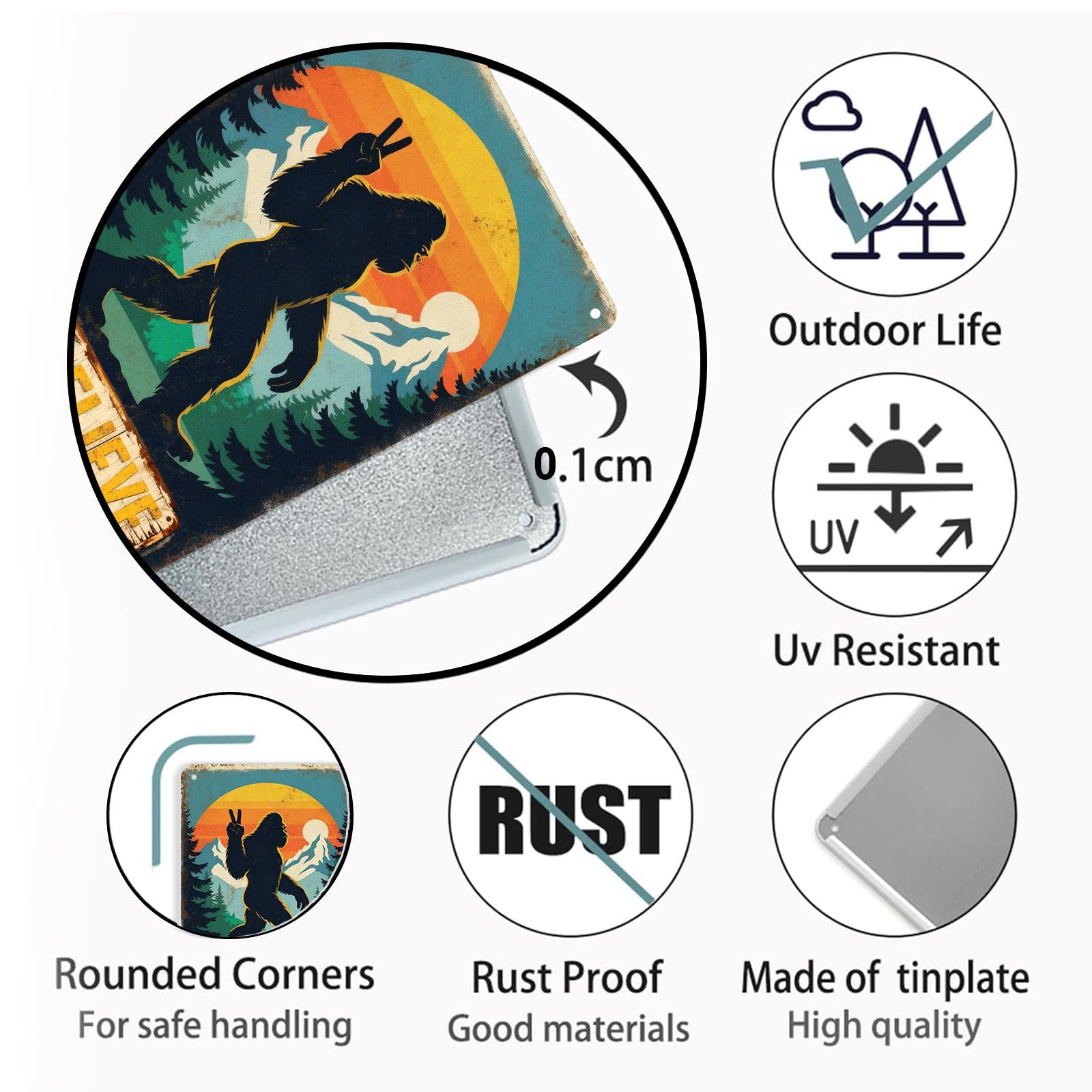 Bigfoot We Believe Metal Tin Sign, Funny Sasquatch Wall Decor, Retro Mountain Forest Sunset Art for Cabin Garage Man Cave