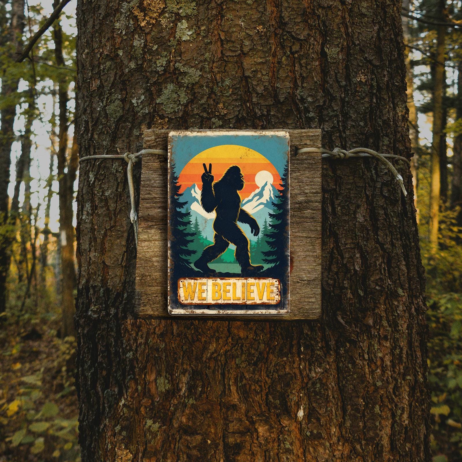 Bigfoot We Believe Metal Tin Sign, Funny Sasquatch Wall Decor, Retro Mountain Forest Sunset Art for Cabin Garage Man Cave