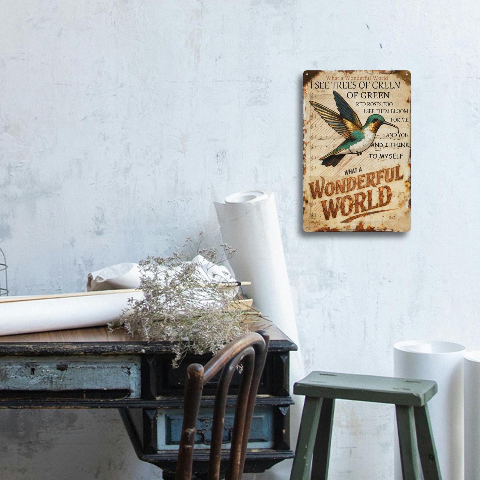 What a Wonderful World Metal Tin Sign, Hummingbird Music Note Wall Decor, Vintage Song Lyric Style Rustic Home Bar Cafe Art