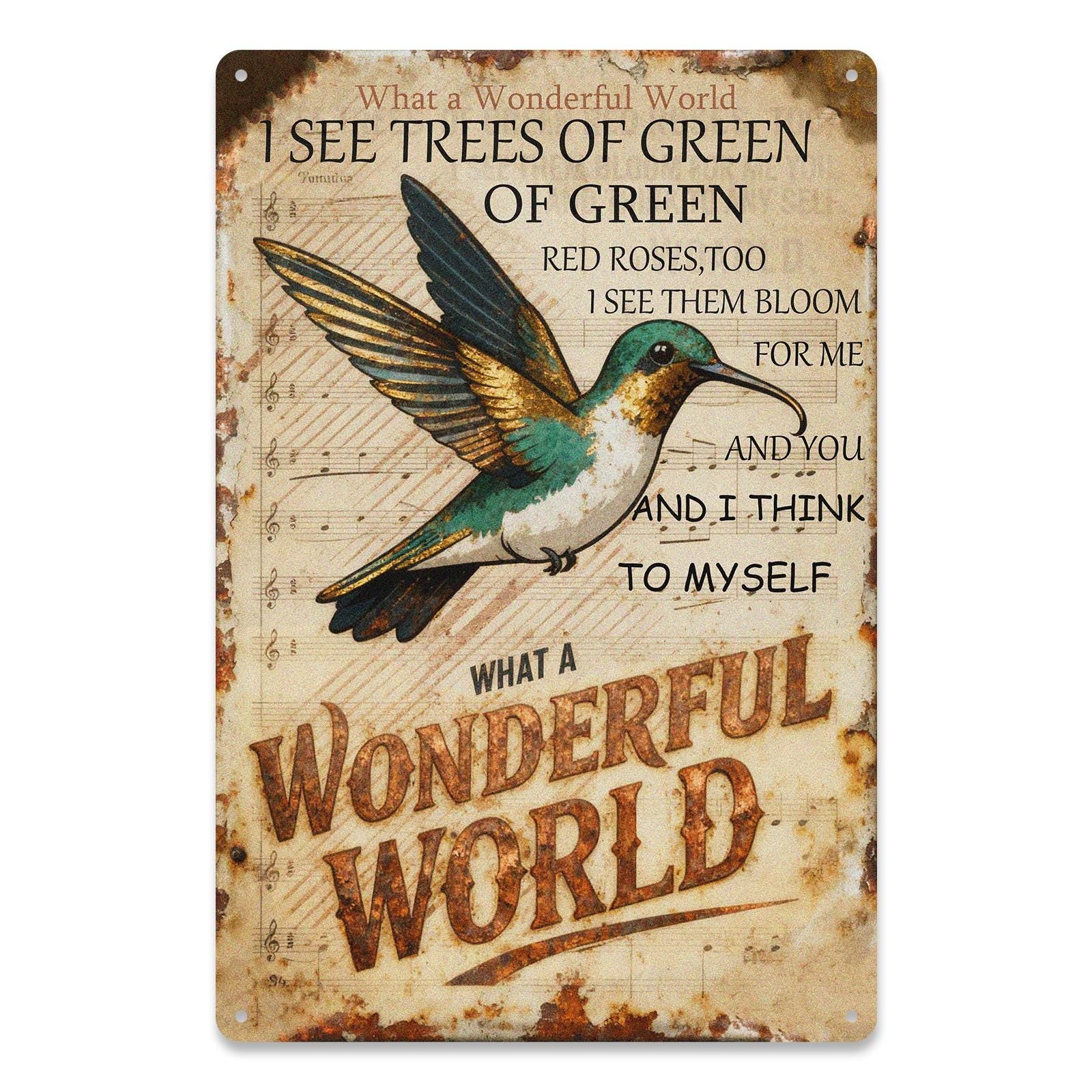 What a Wonderful World Metal Tin Sign, Hummingbird Music Note Wall Decor, Vintage Song Lyric Style Rustic Home Bar Cafe Art