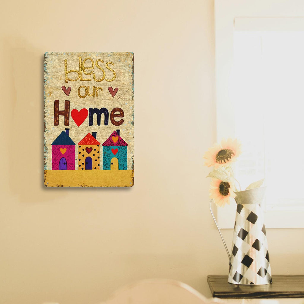 Bless Our Home Metal Tin Sign, Cute Colorful House Wall Decor, Family Blessing Quote, Farmhouse Entryway Kitchen Housewarming Gift