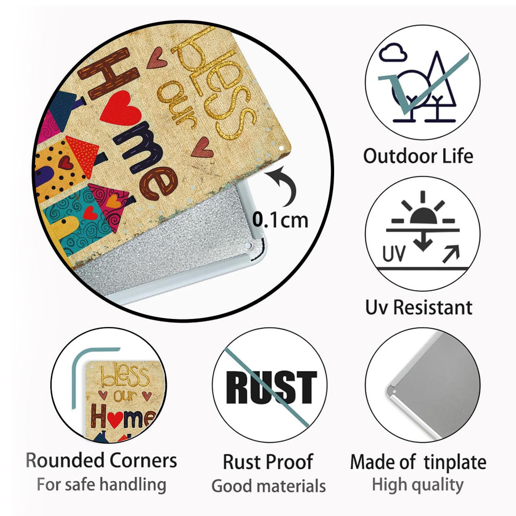 Bless Our Home Metal Tin Sign, Cute Colorful House Wall Decor, Family Blessing Quote, Farmhouse Entryway Kitchen Housewarming Gift