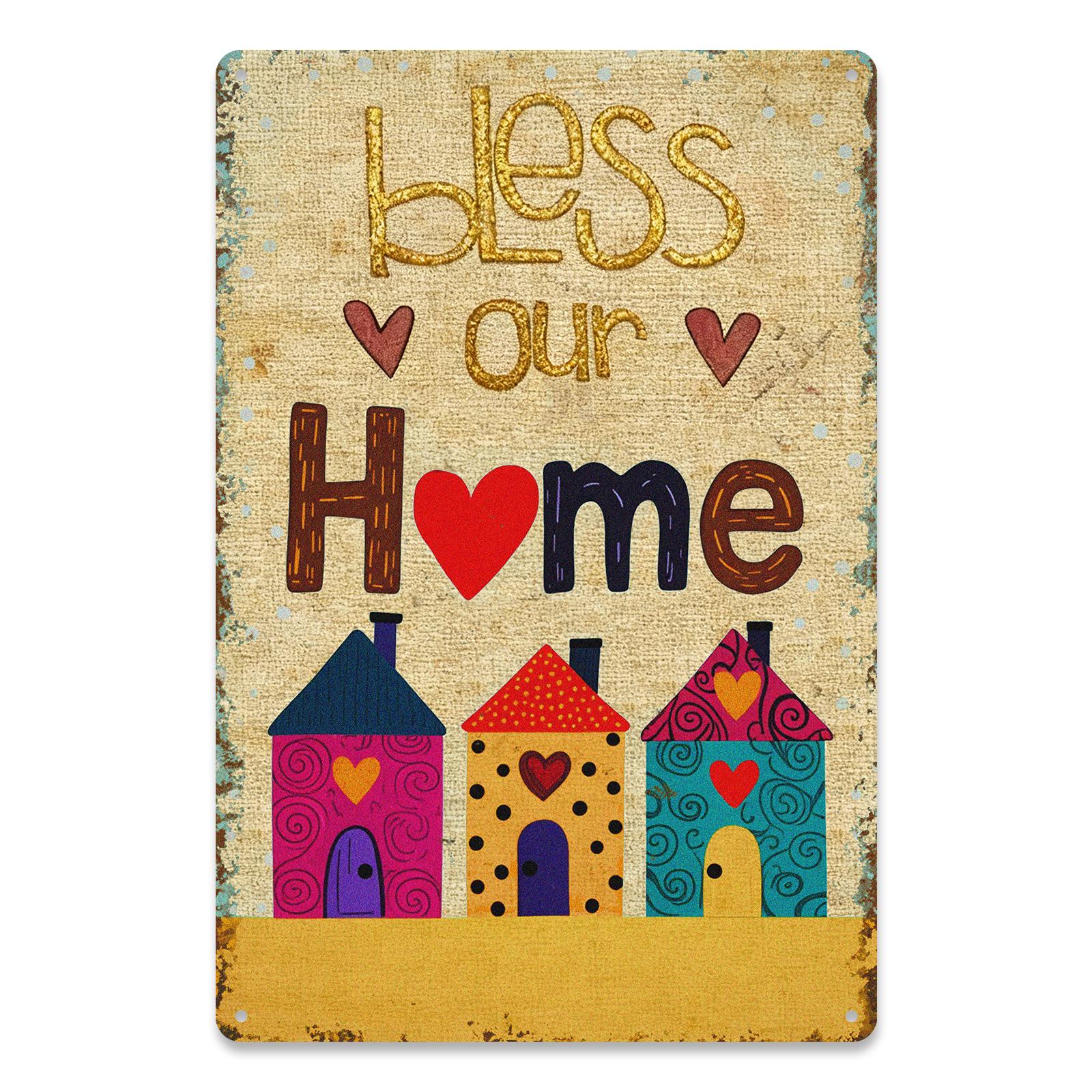 Bless Our Home Metal Tin Sign, Cute Colorful House Wall Decor, Family Blessing Quote, Farmhouse Entryway Kitchen Housewarming Gift