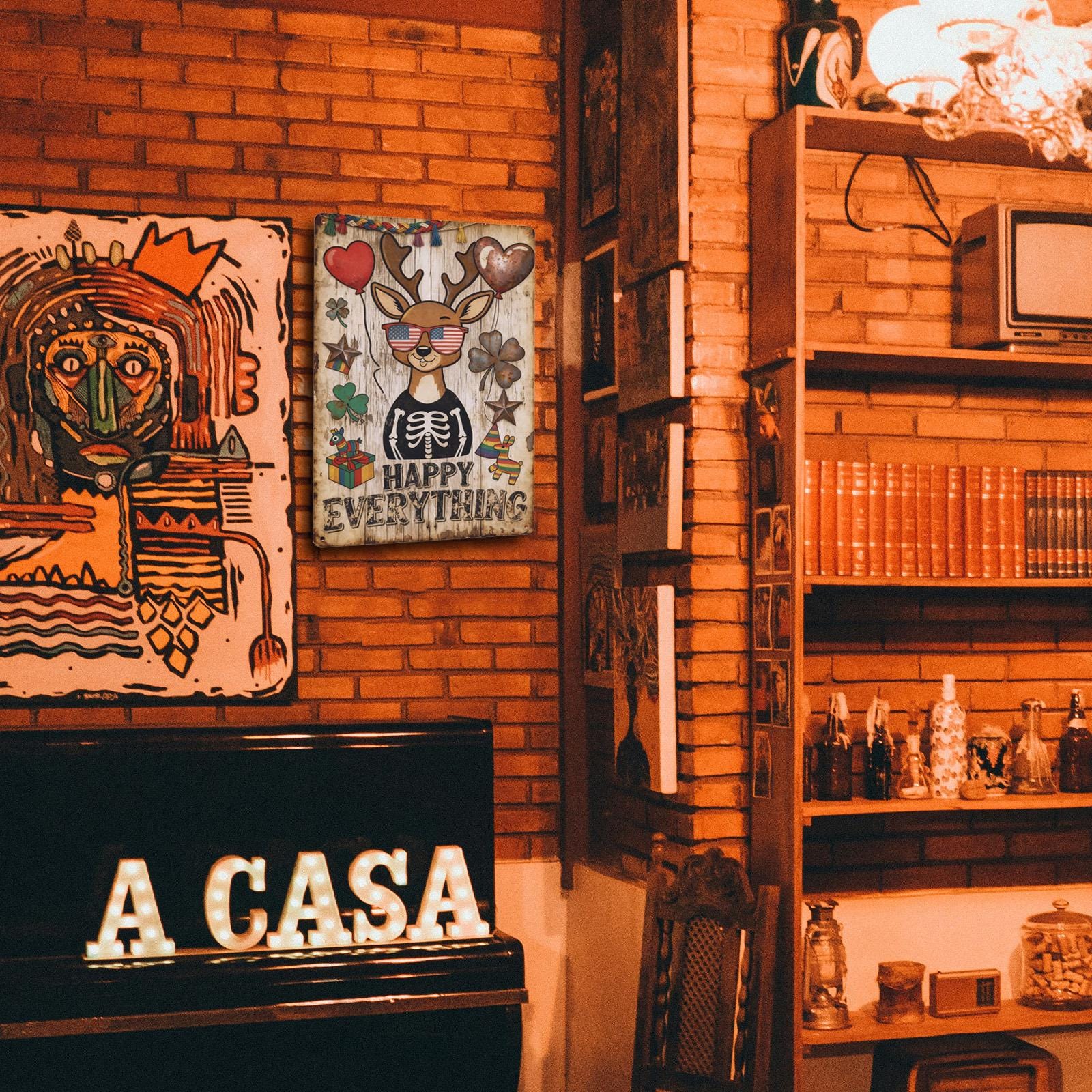 Happy Everything Metal Tin Sign, Funny Deer Skeleton Wall Decor, St Patricks Shamrock Rustic Farmhouse Bar Patio Party Sign