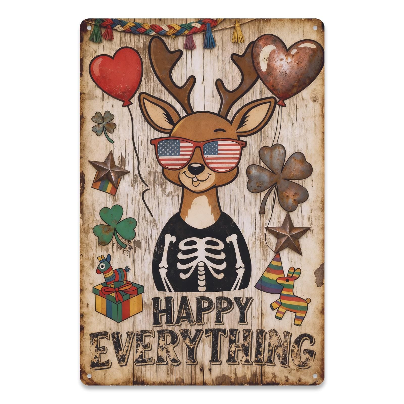 Happy Everything Metal Tin Sign, Funny Deer Skeleton Wall Decor, St Patricks Shamrock Rustic Farmhouse Bar Patio Party Sign