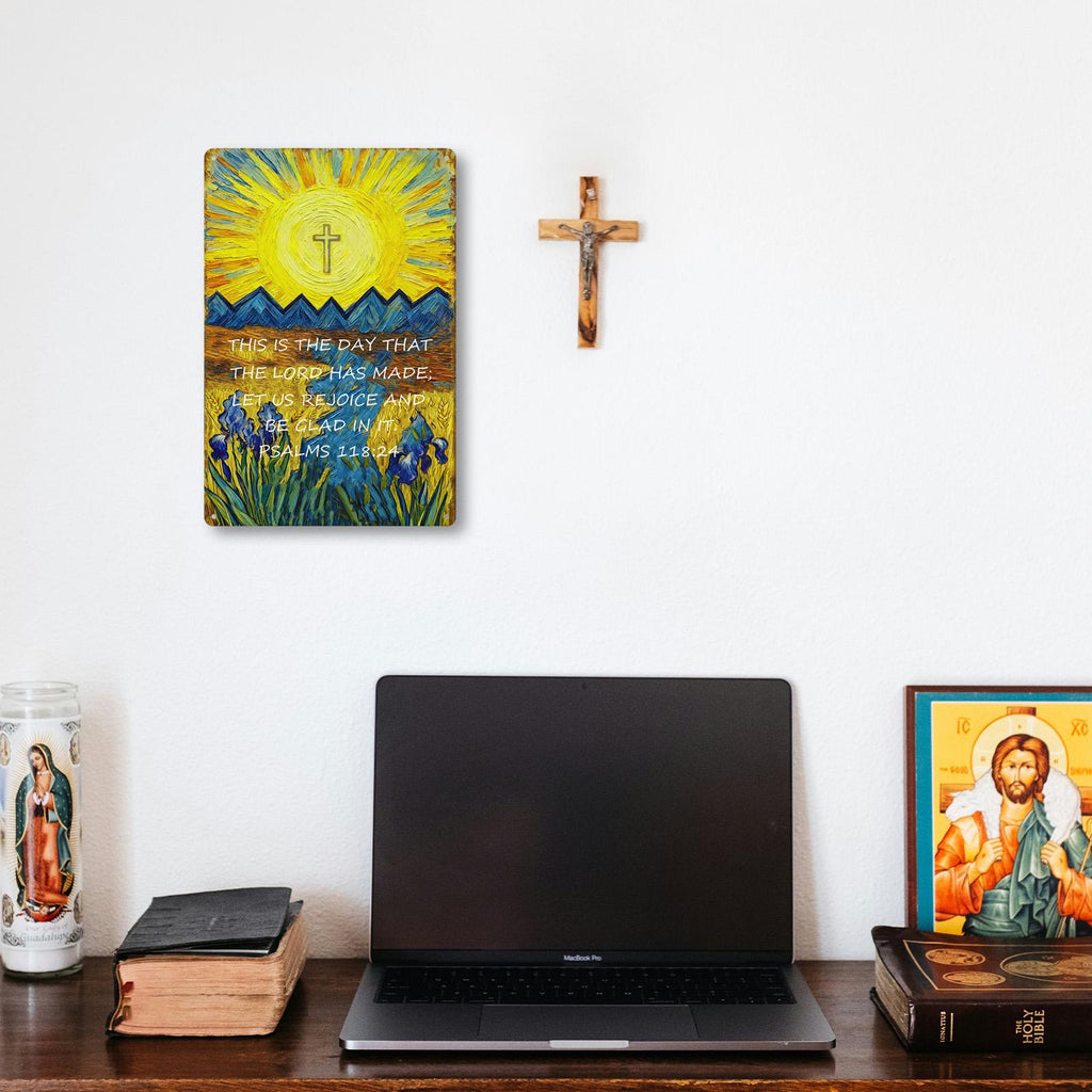 Psalms 118:24 Metal Tin Sign, Christian Bible Verse Wall Decor, Sun Cross Mountain Rustic Faith Inspirational Plaque