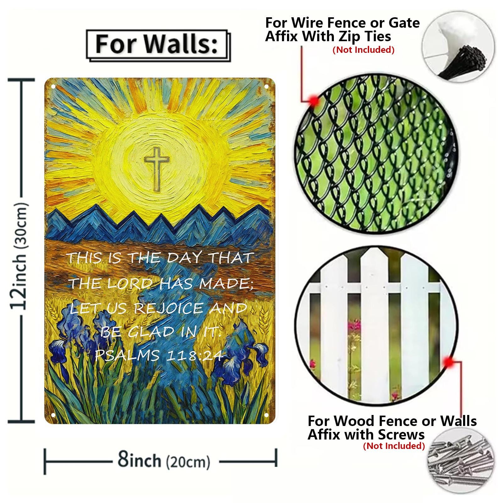 Psalms 118:24 Metal Tin Sign, Christian Bible Verse Wall Decor, Sun Cross Mountain Rustic Faith Inspirational Plaque