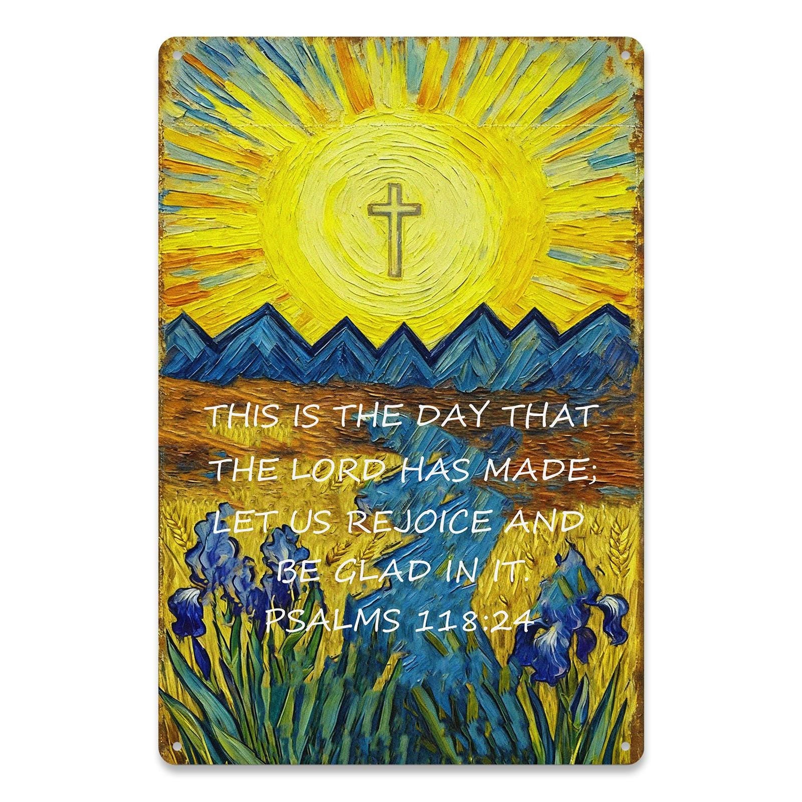 Psalms 118:24 Metal Tin Sign, Christian Bible Verse Wall Decor, Sun Cross Mountain Rustic Faith Inspirational Plaque