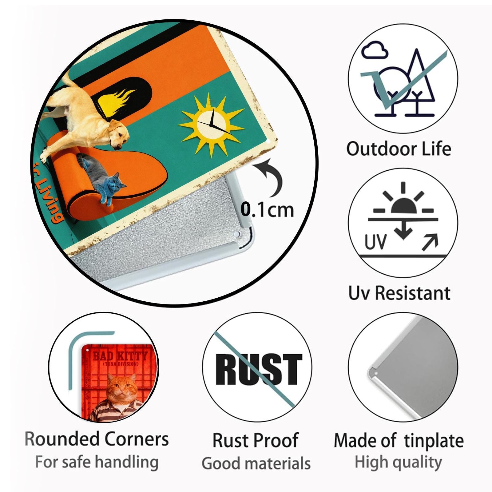 Atomic Living Metal Tin Sign, Retro Mid Century Modern Wall Art, Dog & Cat Lounge Poster, Vintage Home Decor Gift