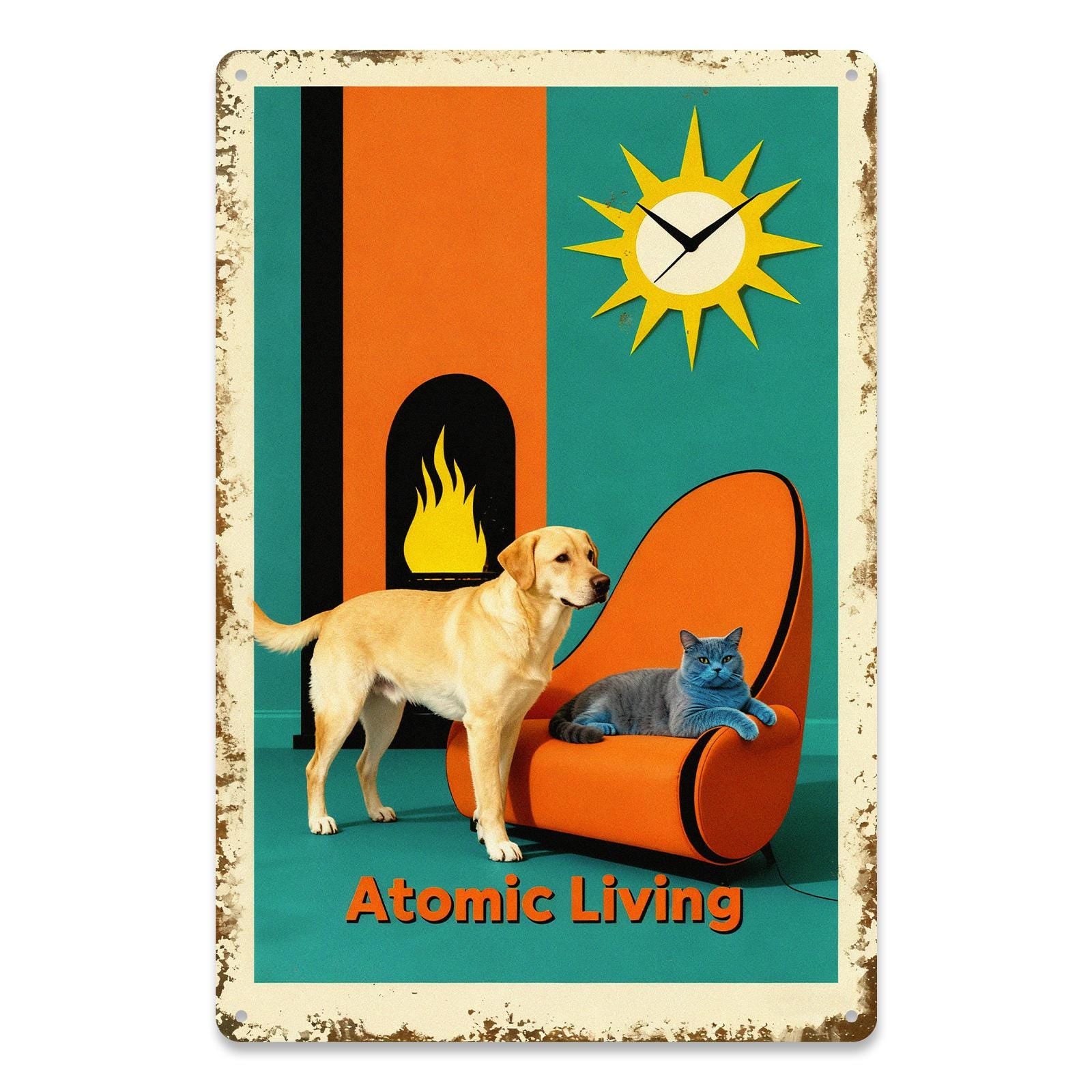 Atomic Living Metal Tin Sign, Retro Mid Century Modern Wall Art, Dog & Cat Lounge Poster, Vintage Home Decor Gift