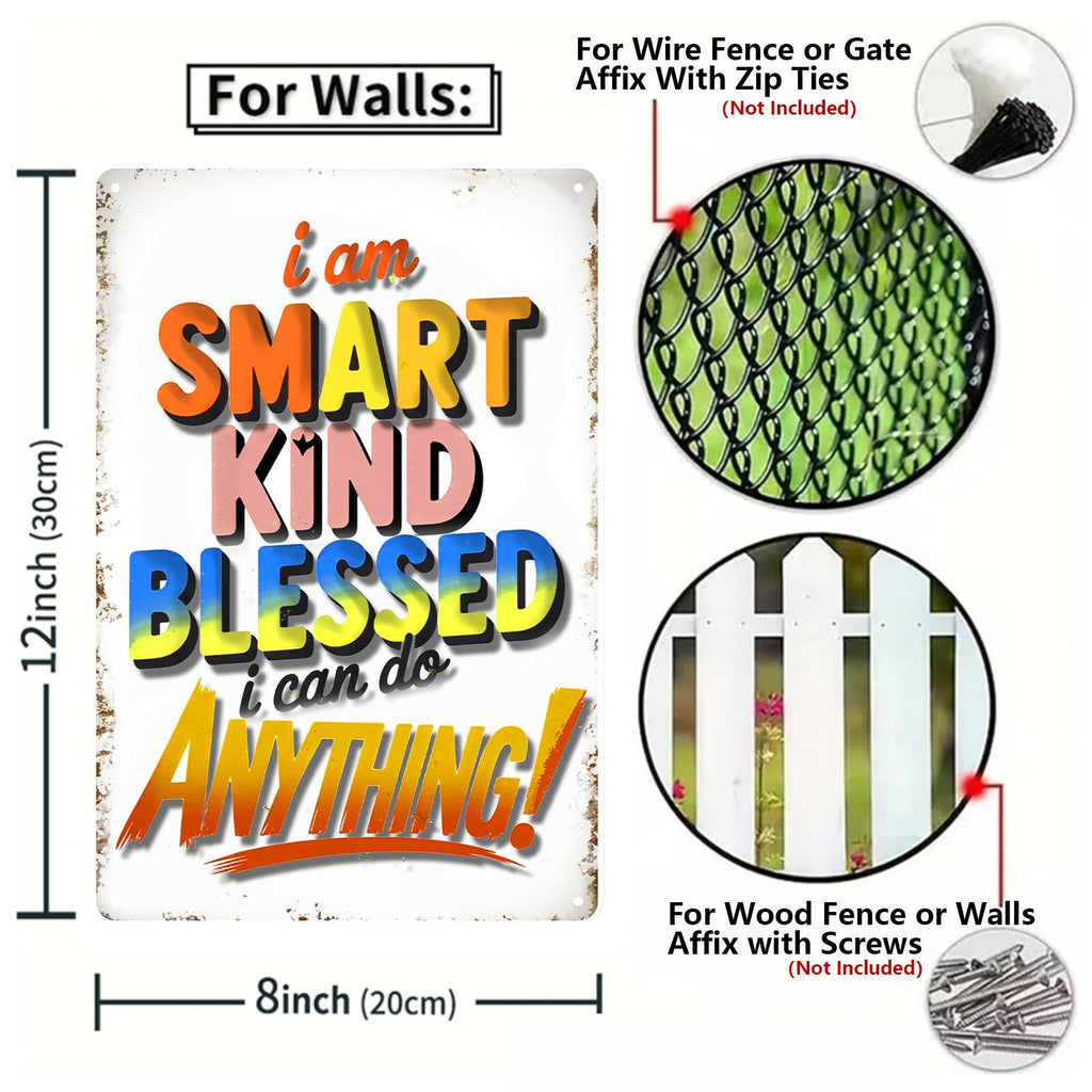 I Am Smart Kind Blessed Tin Sign, Inspirational Classroom Wall Decor, Positive Affirmation Gift for Kids, Teacher Nursery Playroom Sign