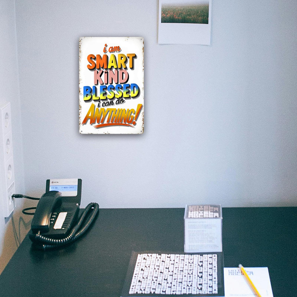 I Am Smart Kind Blessed Tin Sign, Inspirational Classroom Wall Decor, Positive Affirmation Gift for Kids, Teacher Nursery Playroom Sign