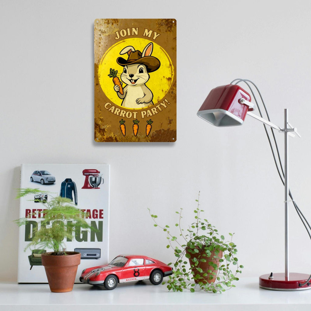 Join My Carrot Party Tin Sign, Funny Bunny Wall Decor, Rabbit Lover Gift, Farmhouse Rustic Metal Sign, Easter Bunny Kitchen Decor