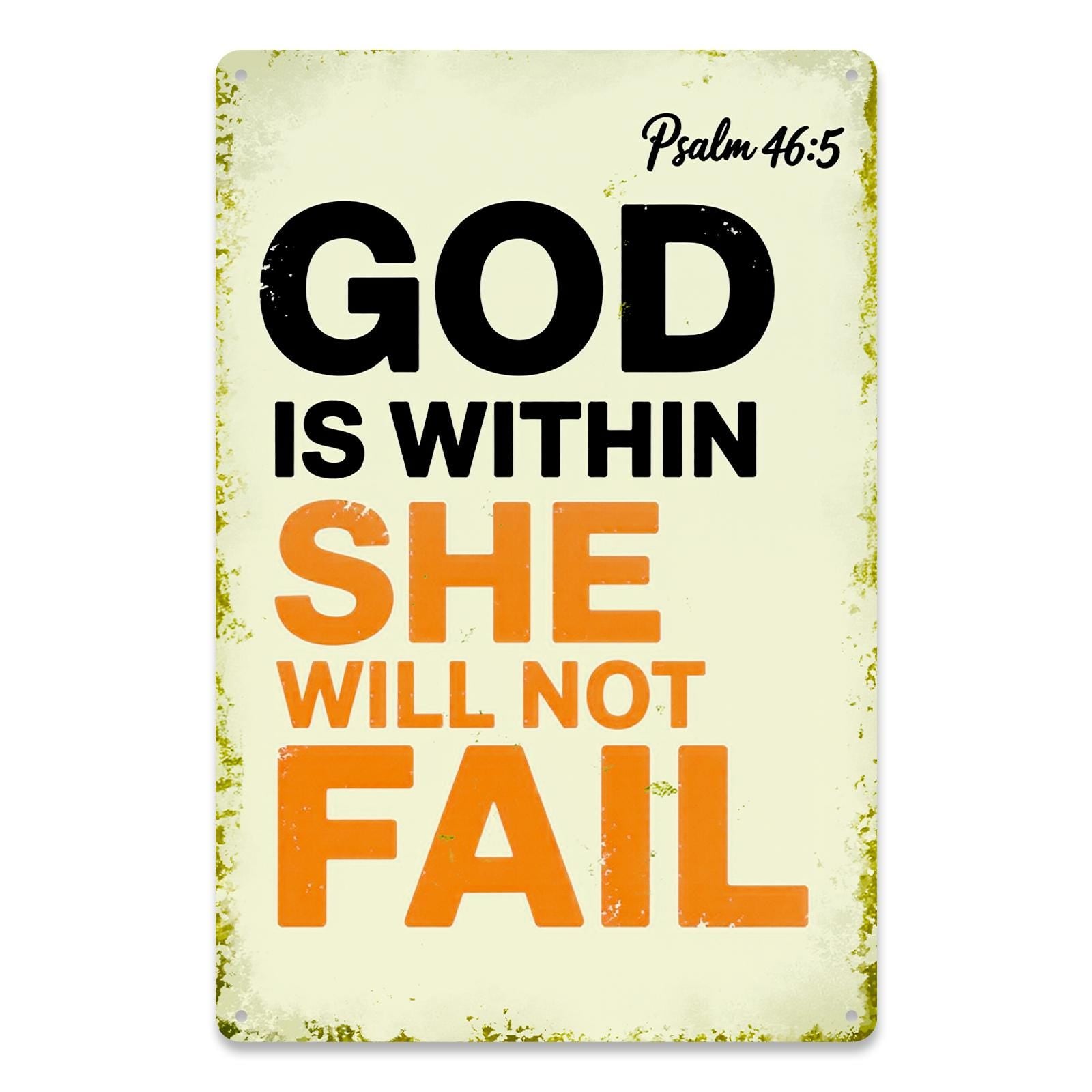 God Is Within Her She Will Not Fail Tin Sign, Psalm 46:5 Christian Wall Decor, Faith Quote Metal Sign, Inspirational Bible Verse