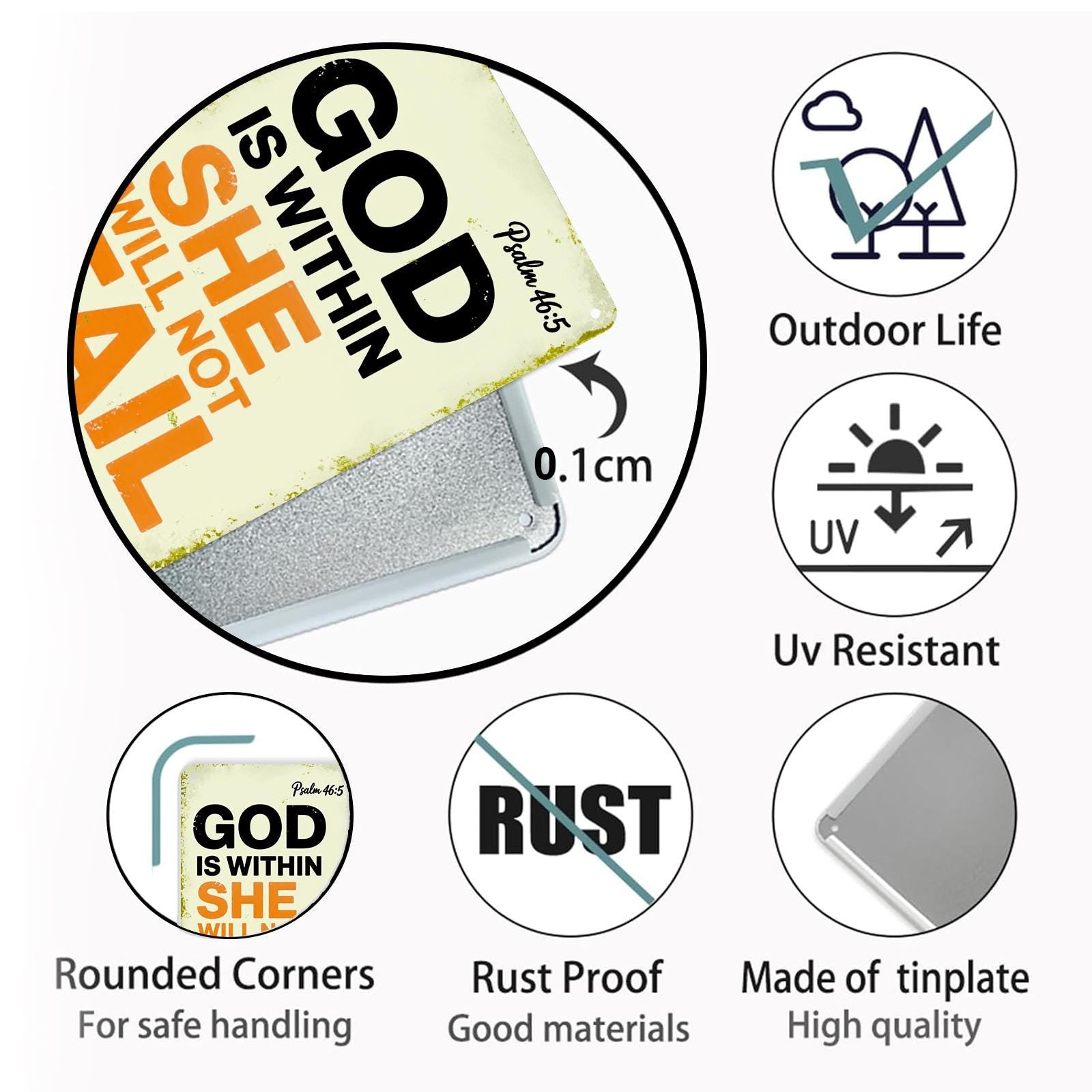 God Is Within Her She Will Not Fail Tin Sign, Psalm 46:5 Christian Wall Decor, Faith Quote Metal Sign, Inspirational Bible Verse