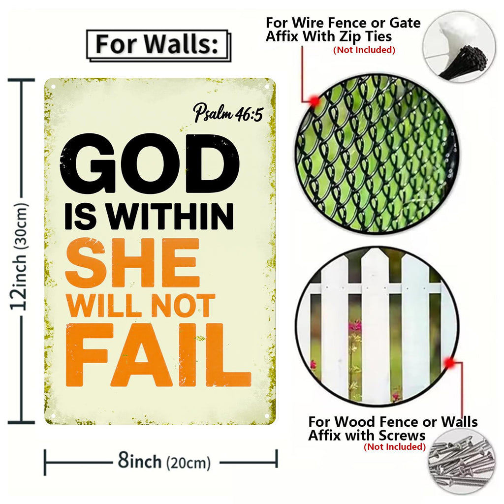 God Is Within Her She Will Not Fail Tin Sign, Psalm 46:5 Christian Wall Decor, Faith Quote Metal Sign, Inspirational Bible Verse