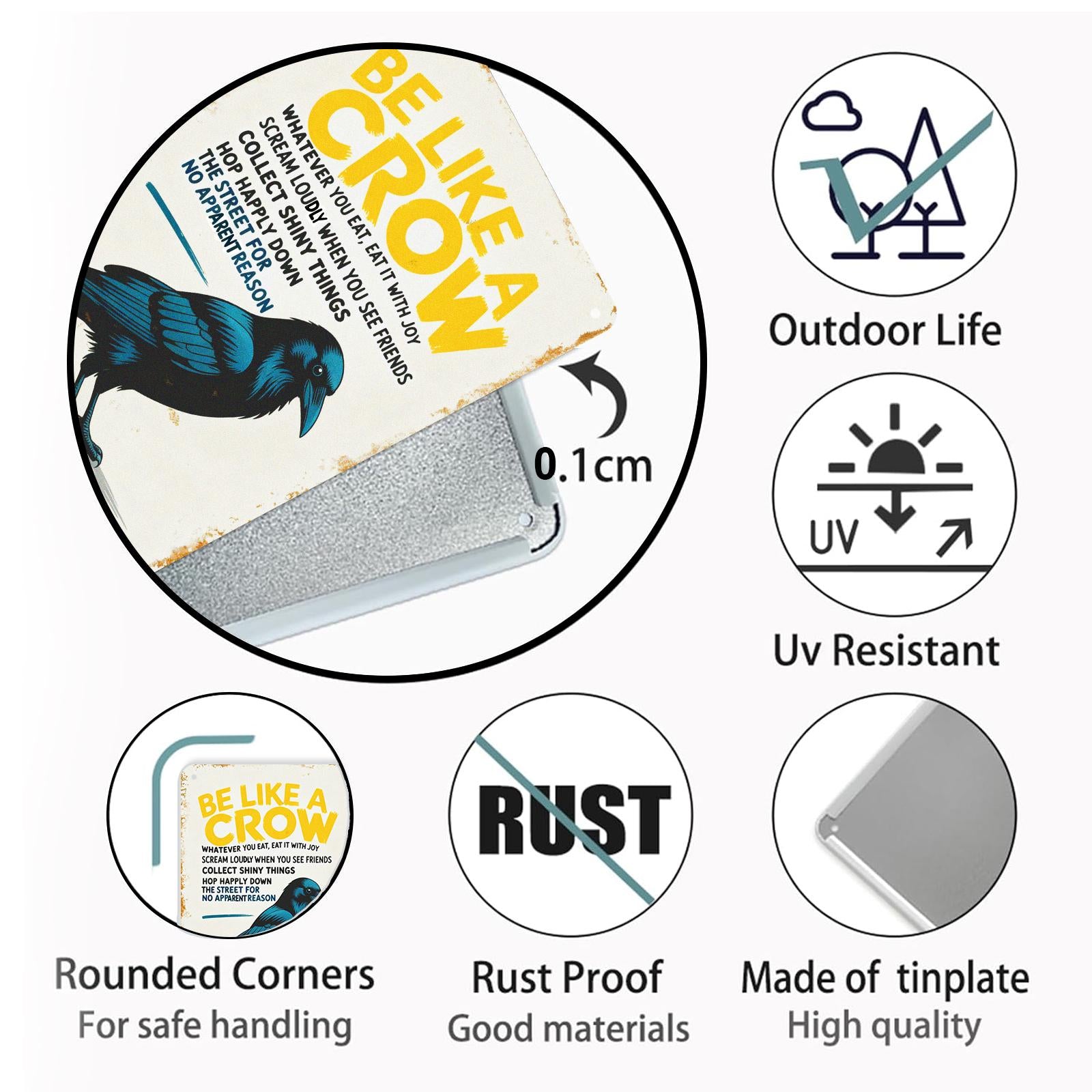 Be Like A Crow Funny Tin Sign, Crow Rules Wall Decor, Raven Bird Lover Gift, Quirky Humor Metal Sign, Kitchen Bar Garage Decor