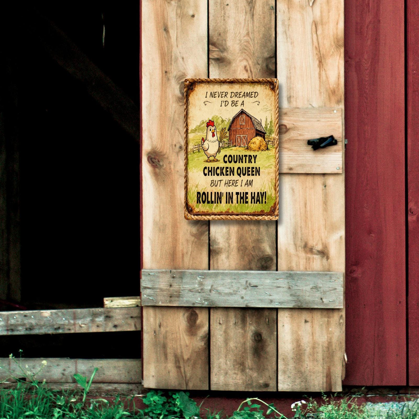 Country Chicken Queen Funny Tin Sign, Farmhouse Chicken Coop Decor, Hen Humor Wall Art, Rustic Barn Kitchen Sign, Gift for Chicken Lovers
