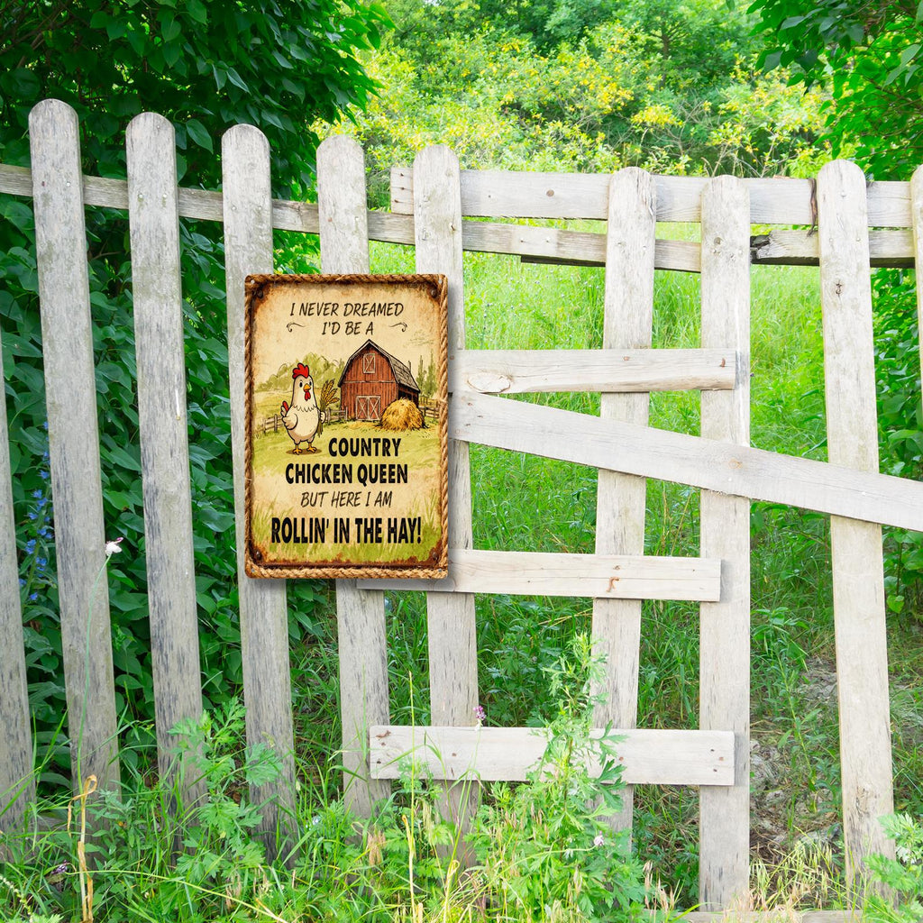 Country Chicken Queen Funny Tin Sign, Farmhouse Chicken Coop Decor, Hen Humor Wall Art, Rustic Barn Kitchen Sign, Gift for Chicken Lovers